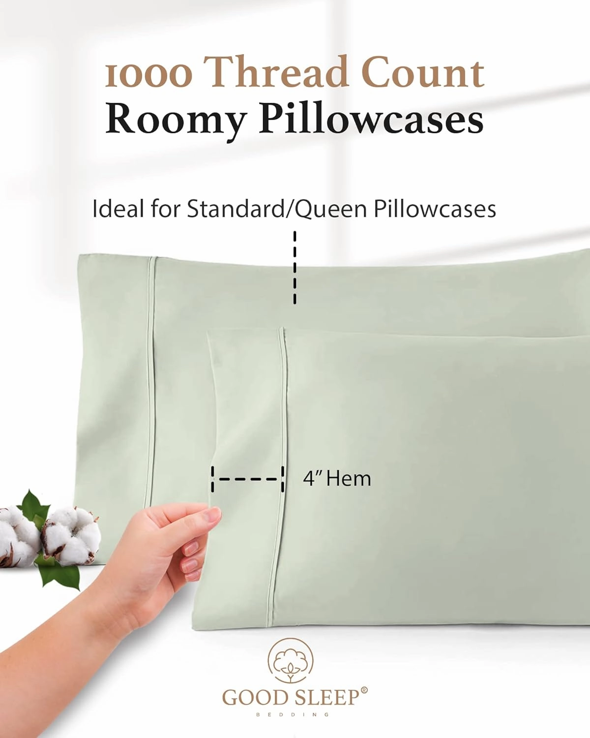 1000 TC Sage Standard Pillowcases Set of 4 100% Egyptian Cotton Pillow Cases with Long Staple Cotton & Sateen Weave, Silky Soft Hotel - Like Bed Pillow Covers for Comfy Sleeping, Snug Fit