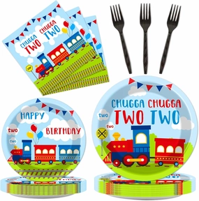 100 PCS Chugga Chugga Two Two Party Supplies Set Train Plates and Napkins 2nd Birthday Party Tableware Packs Decorations Transportation Disposable Paper Plates Napkins Forks For Kids Serve 25