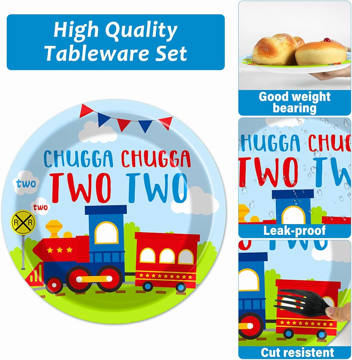 100 PCS Chugga Chugga Two Two Party Supplies Set Train Plates and Napkins 2nd Birthday Party Tableware Packs Decorations Transportation Disposable Paper Plates Napkins Forks For Kids Serve 25