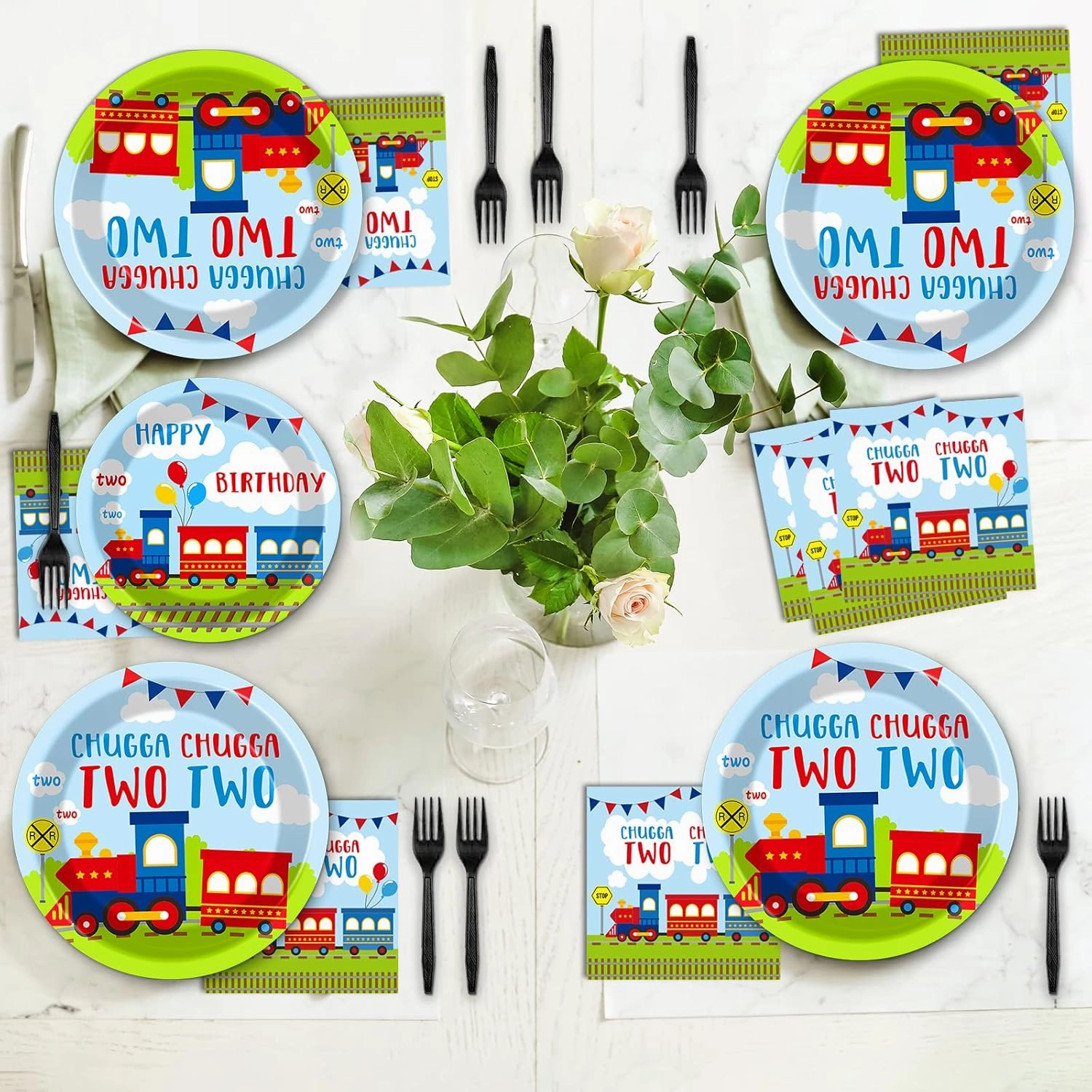 100 PCS Chugga Chugga Two Two Party Supplies Set Train Plates and Napkins 2nd Birthday Party Tableware Packs Decorations Transportation Disposable Paper Plates Napkins Forks For Kids Serve 25