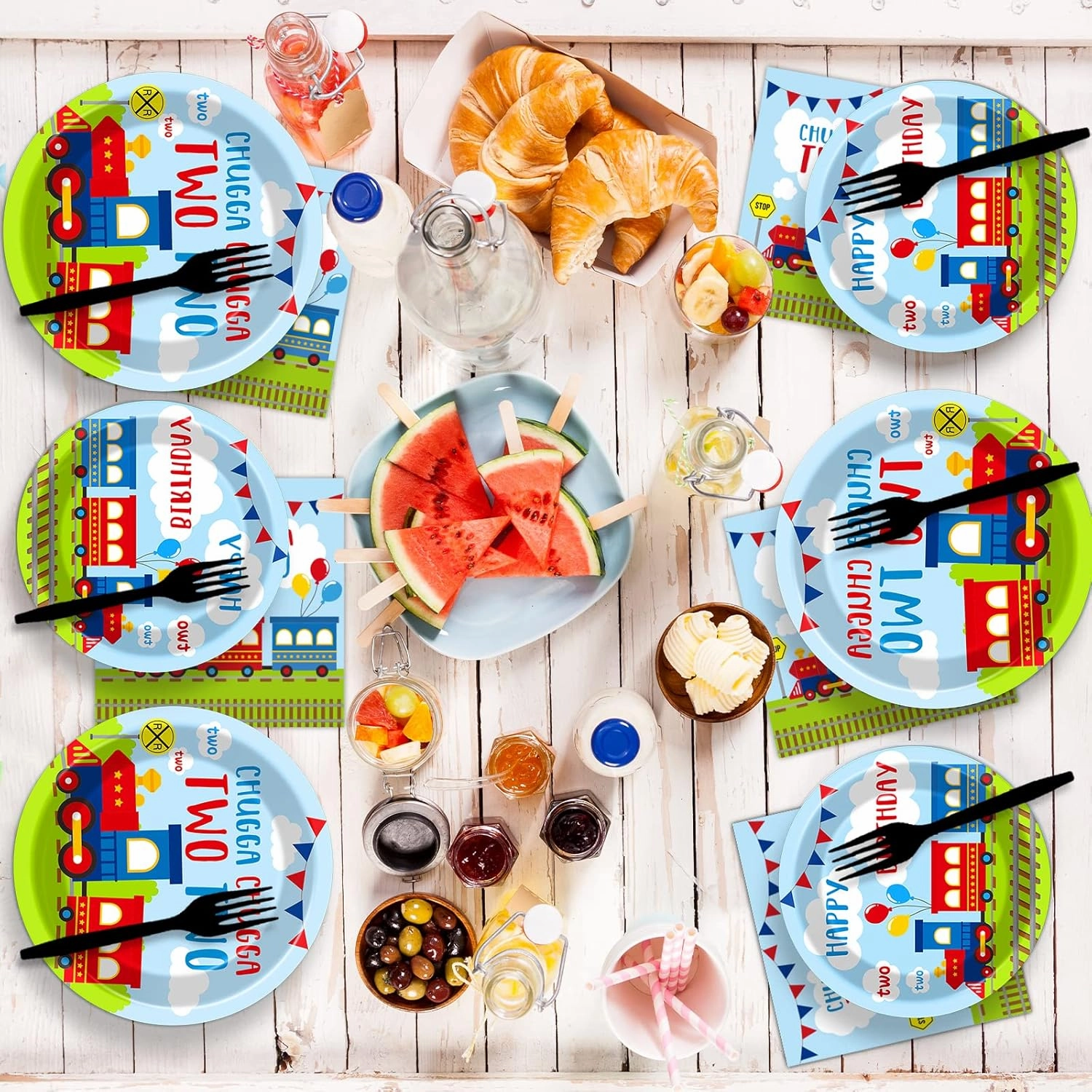 100 PCS Chugga Chugga Two Two Party Supplies Set Train Plates and Napkins 2nd Birthday Party Tableware Packs Decorations Transportation Disposable Paper Plates Napkins Forks For Kids Serve 25