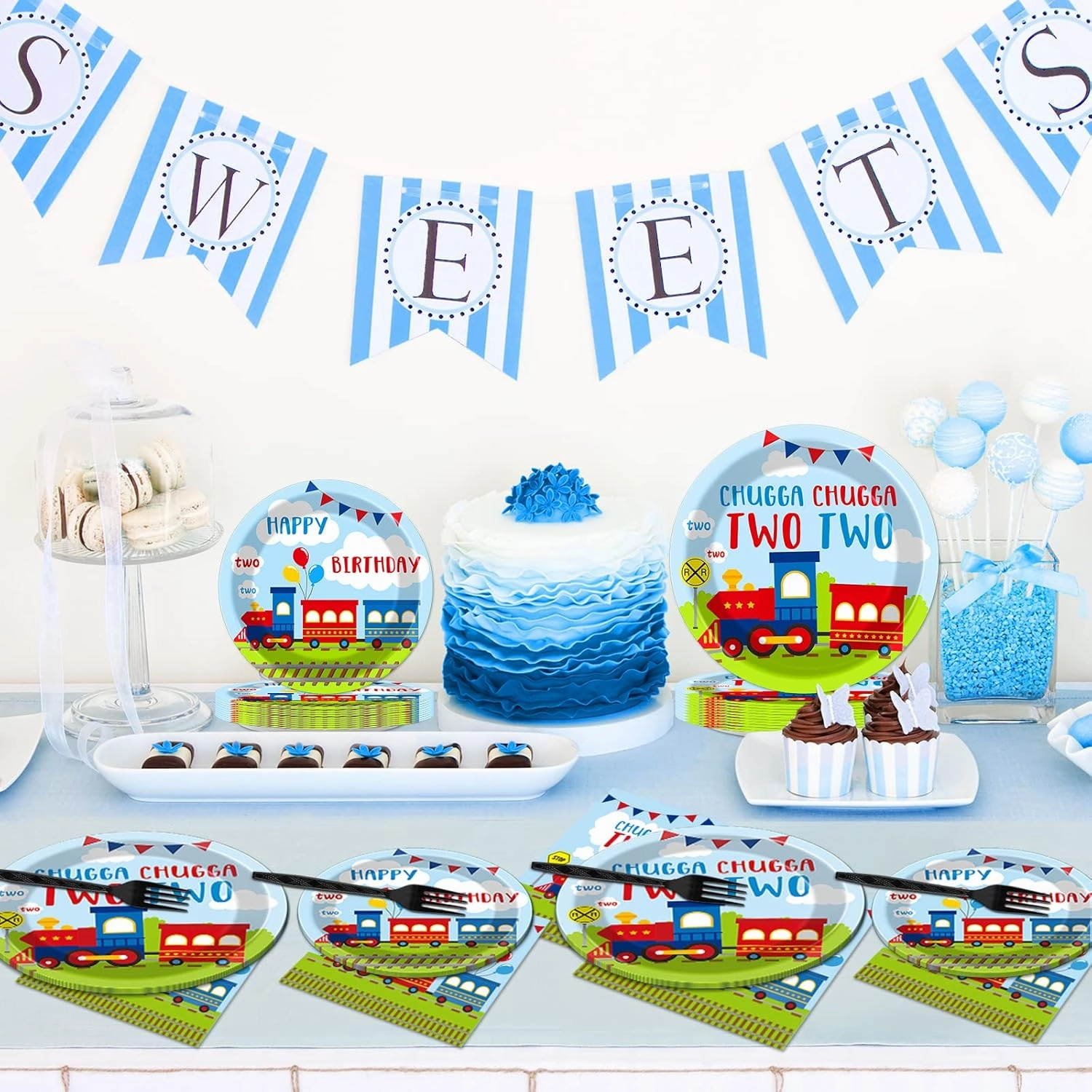 100 PCS Chugga Chugga Two Two Party Supplies Set Train Plates and Napkins 2nd Birthday Party Tableware Packs Decorations Transportation Disposable Paper Plates Napkins Forks For Kids Serve 25