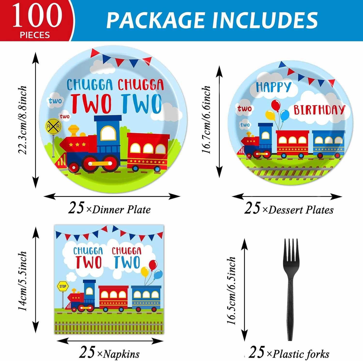 100 PCS Chugga Chugga Two Two Party Supplies Set Train Plates and Napkins 2nd Birthday Party Tableware Packs Decorations Transportation Disposable Paper Plates Napkins Forks For Kids Serve 25