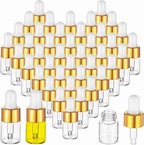100 Pcs Mini Glass Oil Dropper Bottle Bulk, 2 ml Gold Clear Essential Small Empty Bottles Sample Containers Perfume Liquid Vials with Cap for Traveling