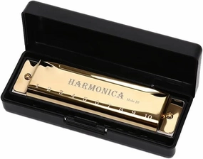 10 Hole Harmonica Musical Instrument Beginner Teaching Playing Gift Copper Core Resin Harmonica with Box(Gold)
