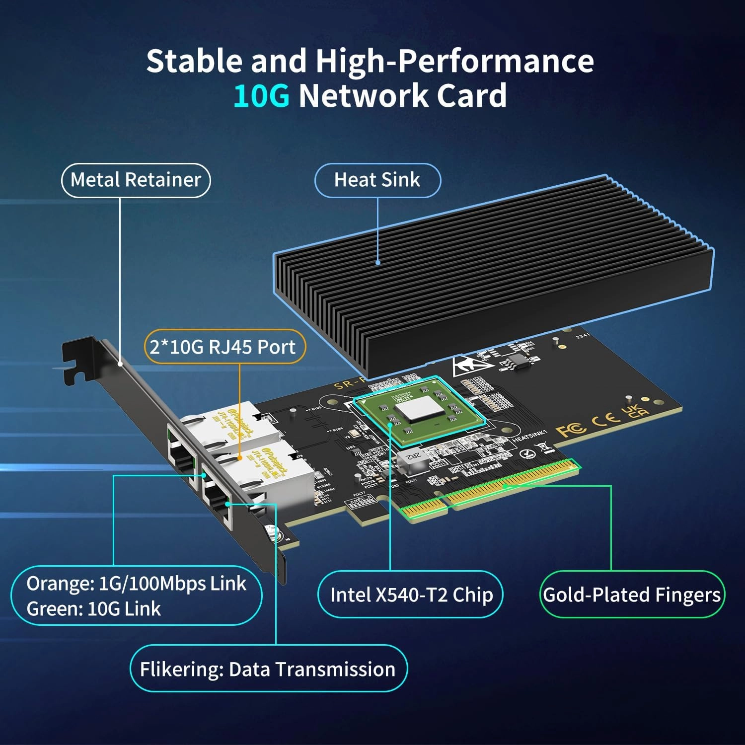 10Gb Dual LAN Base-T PCI-e Network Card, Intel X540 Controller, NICGIGA 10Gbps Ethernet Adapter, 2 * 10Gbe RJ45 Port, 10G NIC Card, Support Windows/Windows Server/Linux/Vmware/ESX