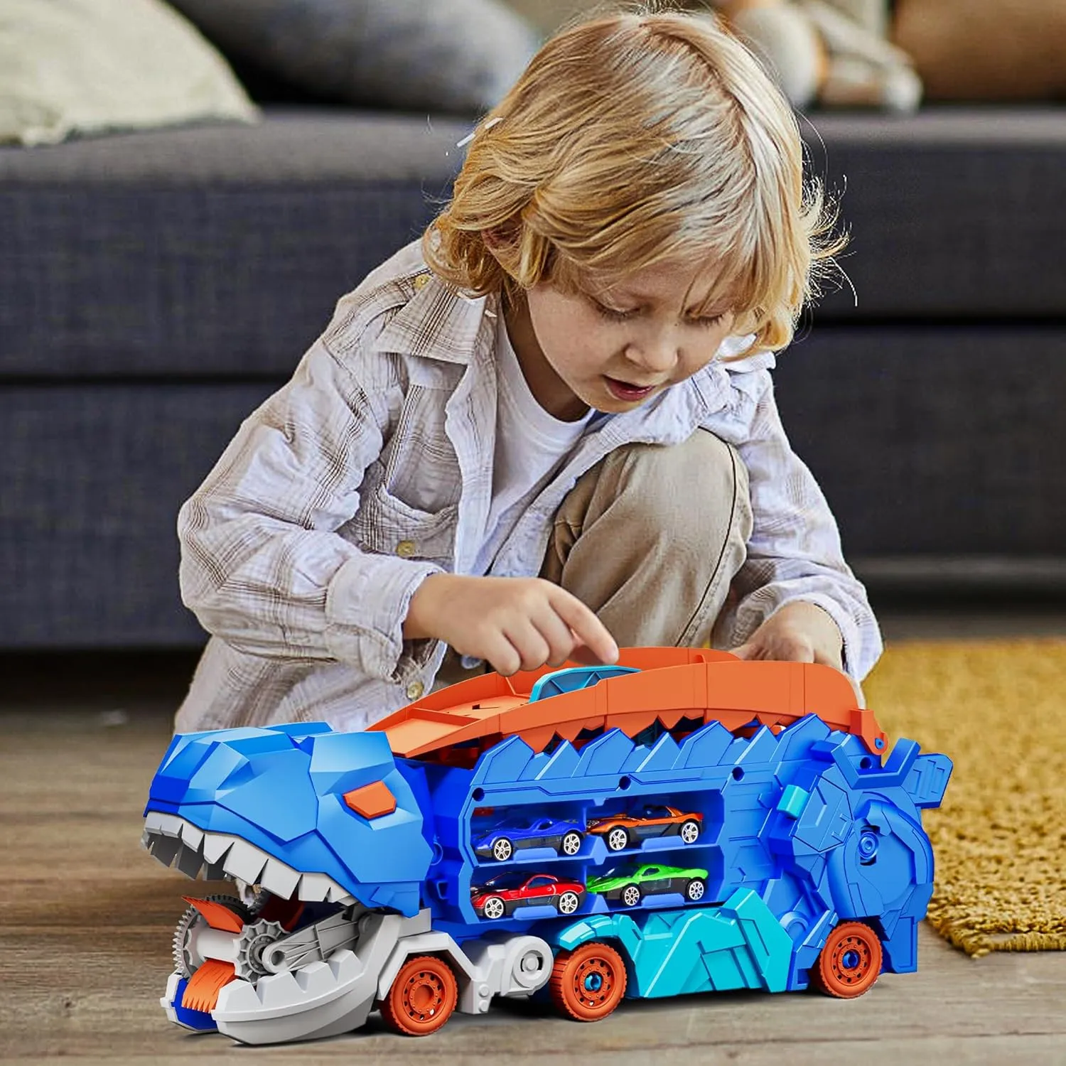 11 in 1 Dinosaur Toys for 3-7, Dinosaur Transport Truck with 8 Metal Cars, City Dinosaur Ultimate Hauler Track Toy, Transforms into Stomping Standing Dinosaur Toddler Toys Gifts for Kids Ages 3 