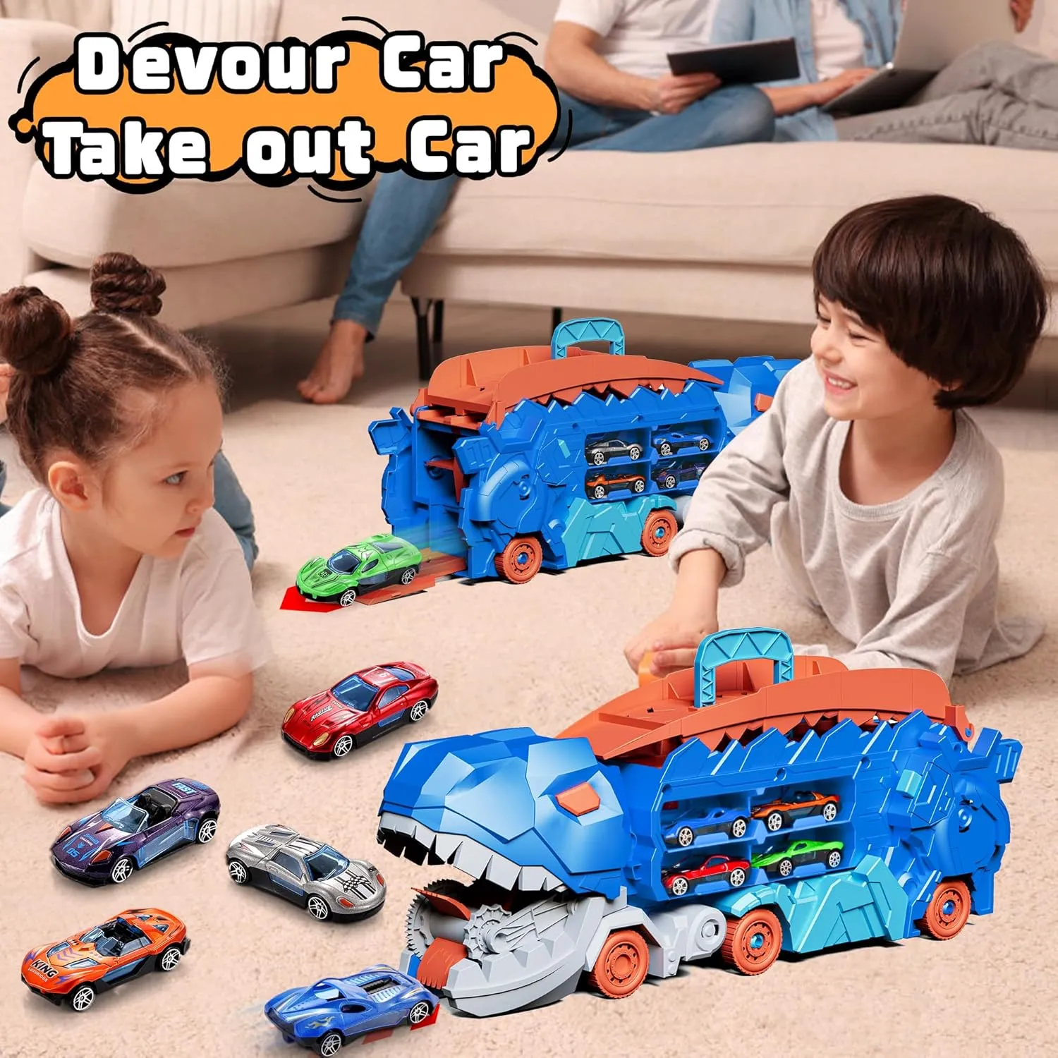 11 in 1 Dinosaur Toys for 3-7, Dinosaur Transport Truck with 8 Metal Cars, City Dinosaur Ultimate Hauler Track Toy, Transforms into Stomping Standing Dinosaur Toddler Toys Gifts for Kids Ages 3 