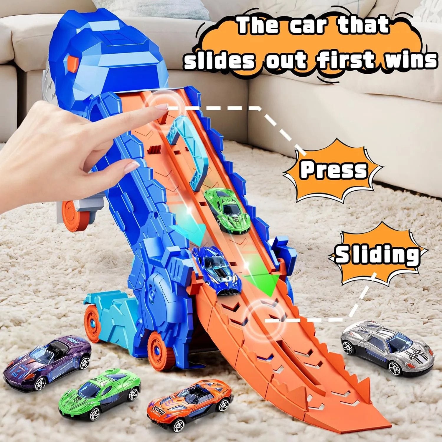 11 in 1 Dinosaur Toys for 3-7, Dinosaur Transport Truck with 8 Metal Cars, City Dinosaur Ultimate Hauler Track Toy, Transforms into Stomping Standing Dinosaur Toddler Toys Gifts for Kids Ages 3 