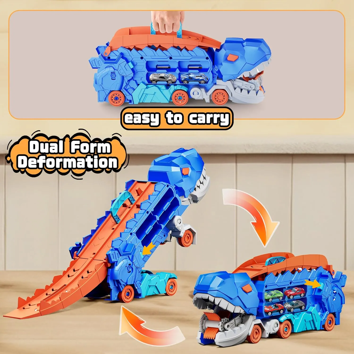11 in 1 Dinosaur Toys for 3-7, Dinosaur Transport Truck with 8 Metal Cars, City Dinosaur Ultimate Hauler Track Toy, Transforms into Stomping Standing Dinosaur Toddler Toys Gifts for Kids Ages 3 