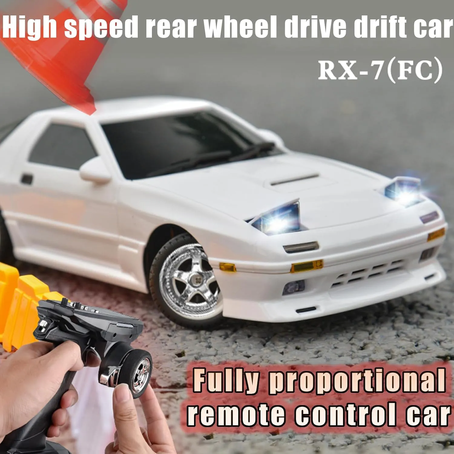 1:18 RX7-FC 3S Model LD1802 RC Drift Car 1/18 2.4G Remote Control on Road ESP Gyroscope LED Mini RC Racing Cars (White)