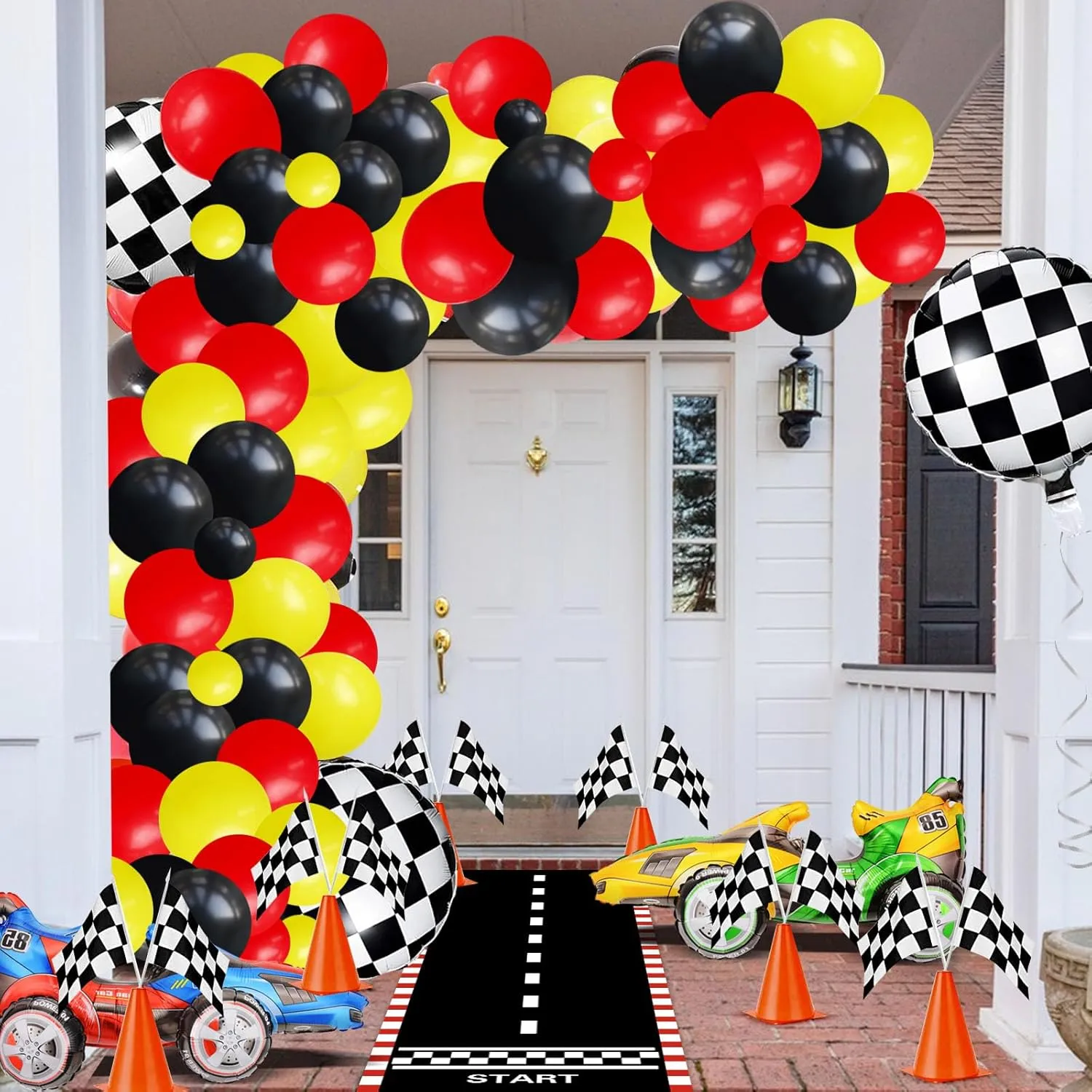120 Pcs Race Car Birthday Party Decoration Supplies - Racing Checkered Flag Pennant Banner Race Car Backdrop Balloon Garland Arch Kit for Two Fast Birthday Lets Go Racing Car Party Decoration