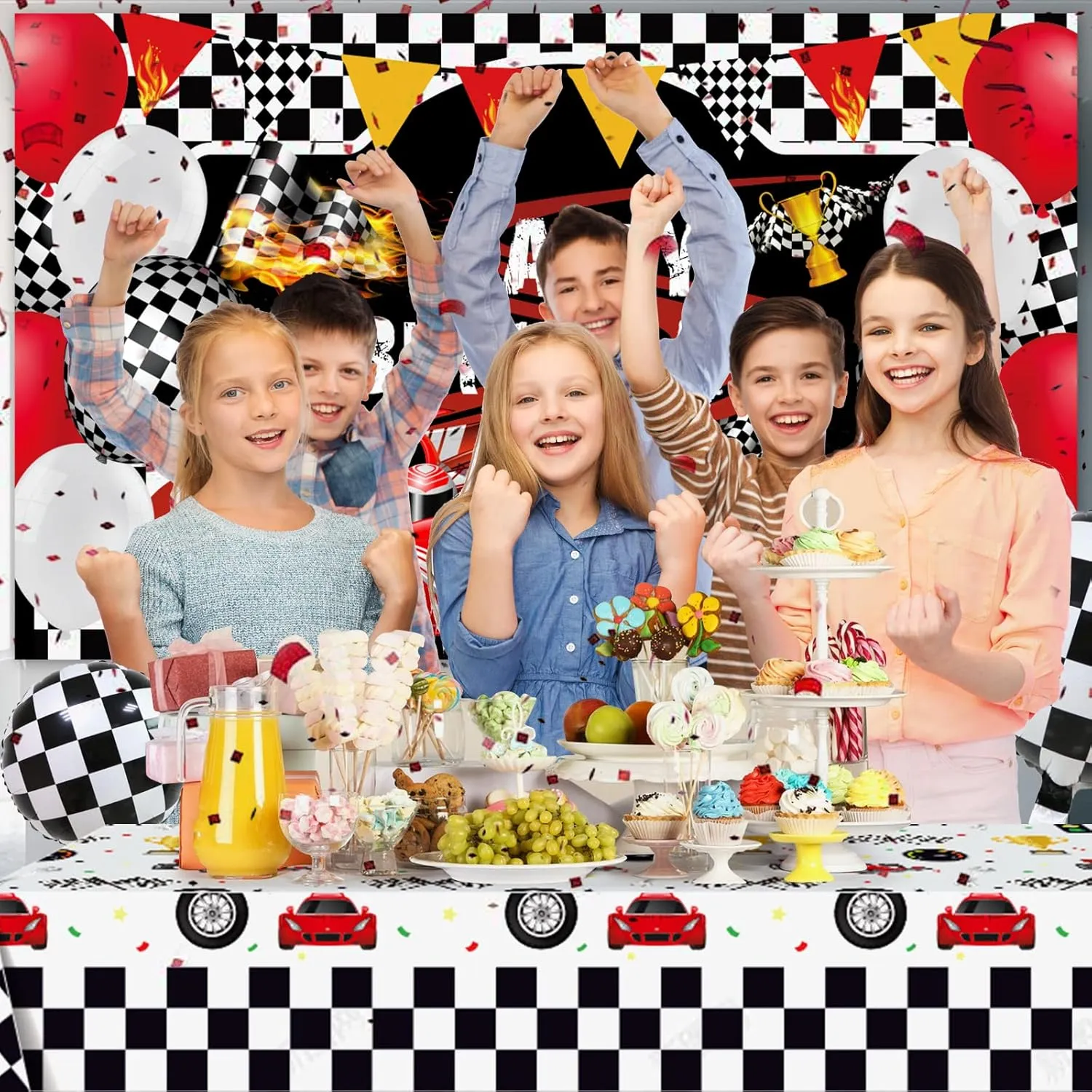 120 Pcs Race Car Birthday Party Decoration Supplies - Racing Checkered Flag Pennant Banner Race Car Backdrop Balloon Garland Arch Kit for Two Fast Birthday Lets Go Racing Car Party Decoration