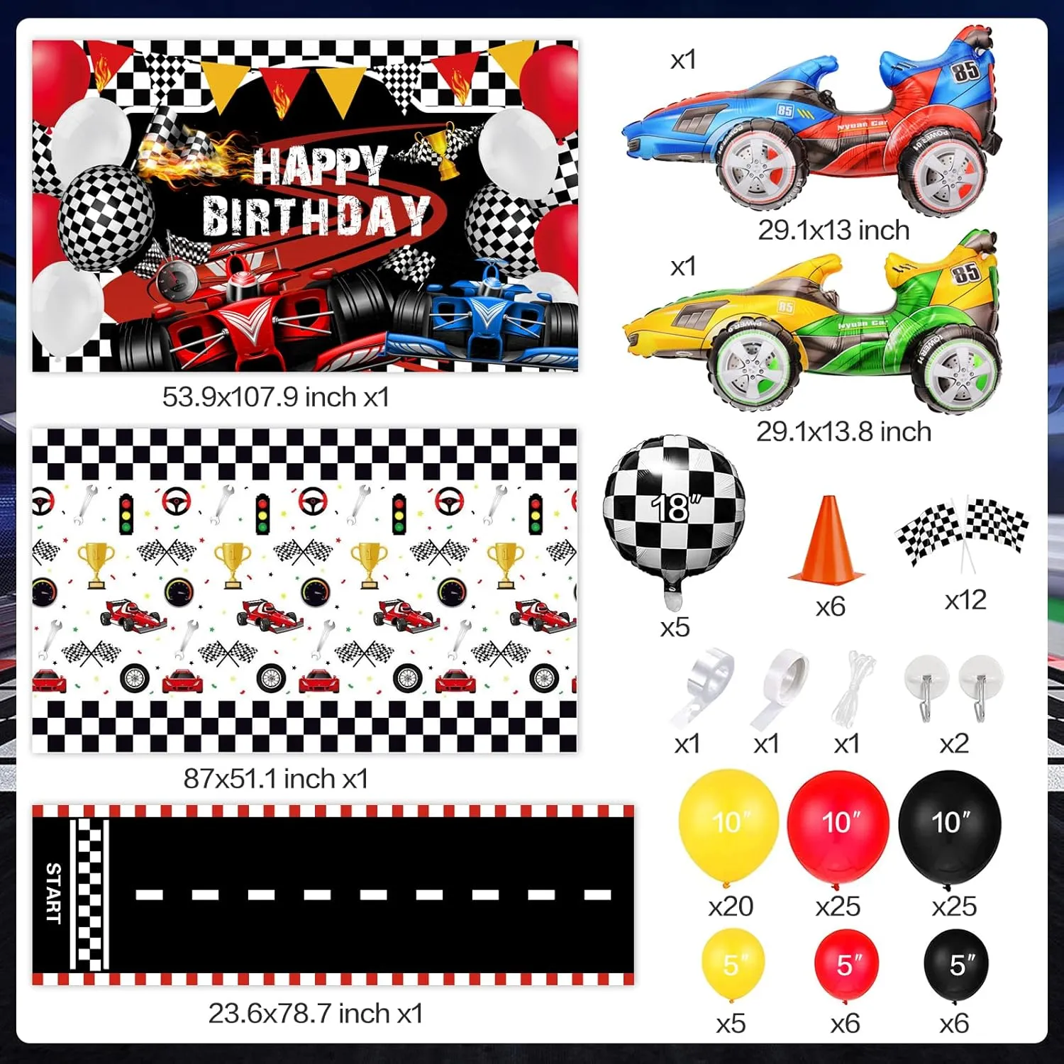 120 Pcs Race Car Birthday Party Decoration Supplies - Racing Checkered Flag Pennant Banner Race Car Backdrop Balloon Garland Arch Kit for Two Fast Birthday Lets Go Racing Car Party Decoration
