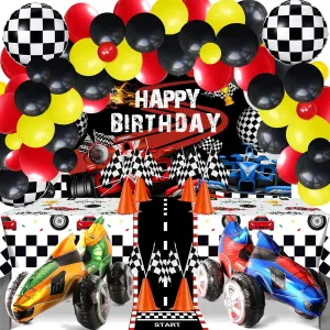 120 Pcs Race Car Birthday Party Decoration Supplies - Racing Checkered Flag Pennant Banner Race Car Backdrop Balloon Garland Arch Kit for Two Fast Birthday Lets Go Racing Car Party Decoration