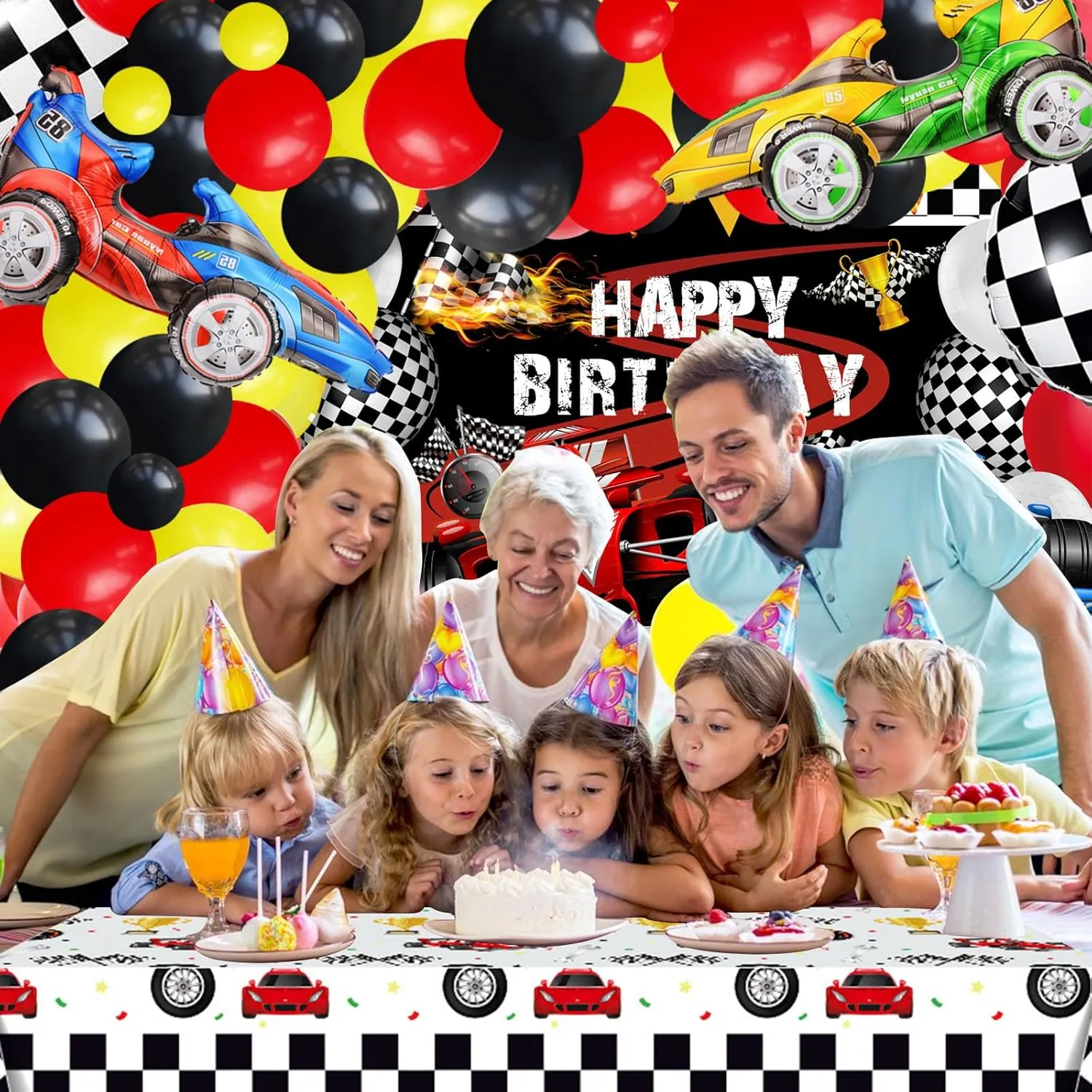 120 Pcs Race Car Birthday Party Decoration Supplies - Racing Checkered Flag Pennant Banner Race Car Backdrop Balloon Garland Arch Kit for Two Fast Birthday Lets Go Racing Car Party Decoration