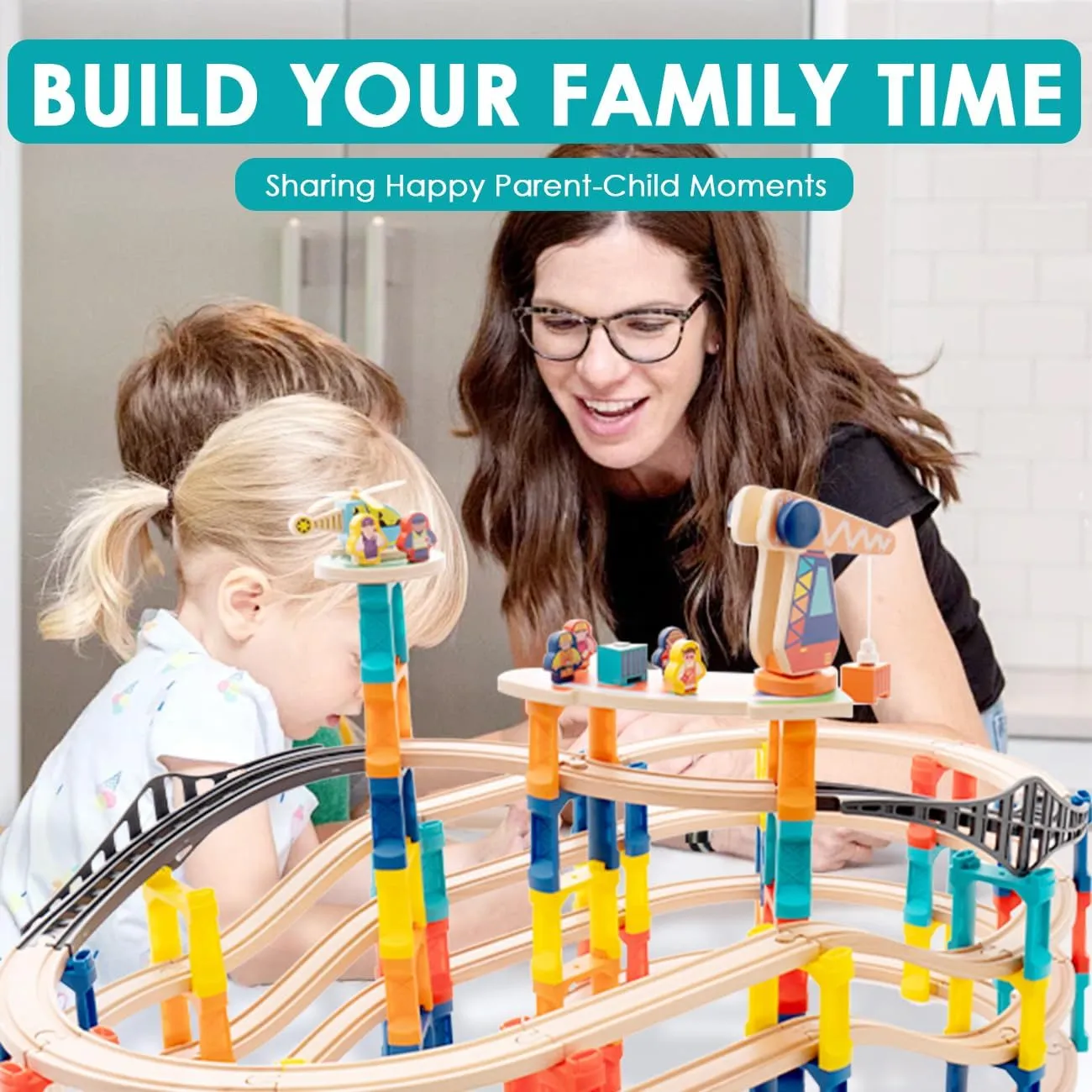 120Pcs Wooden Train Tracks Set, 398-inch Track Expansion, Toddler Railway Bridge Toy Train Set with Airplane and Magnetic Crane, Birthday Gifts for Boys and Girls, Compatible with All Major Brands