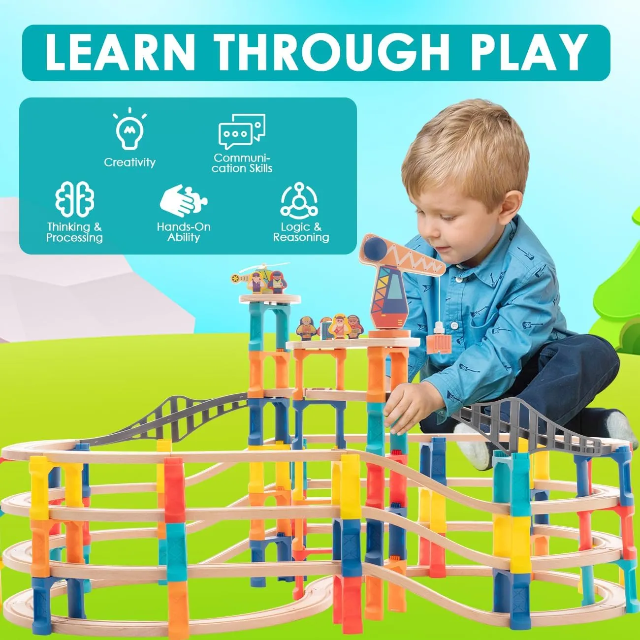 120Pcs Wooden Train Tracks Set, 398-inch Track Expansion, Toddler Railway Bridge Toy Train Set with Airplane and Magnetic Crane, Birthday Gifts for Boys and Girls, Compatible with All Major Brands
