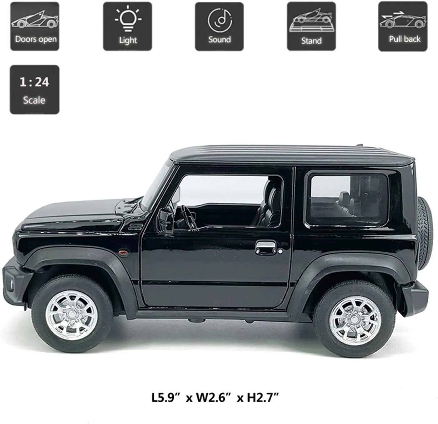 1:24 Scale 2021 Suzuki Jimny SUV Model Toy Car Metal Diecast Toy Vehicle, Doors Open, Light Sound, Pull Back, Toys for Boys Kids Gifts, Men Collection, Home Office Décor, Black