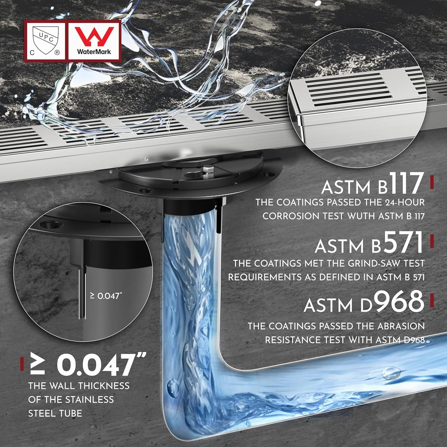 12 Inch Linear Shower Drain Rectangular Floor Drain with Accessories Fence Pattern Cover Grate Removable SUS304 Stainless Steel Watermark&CUPC Certified Brushed