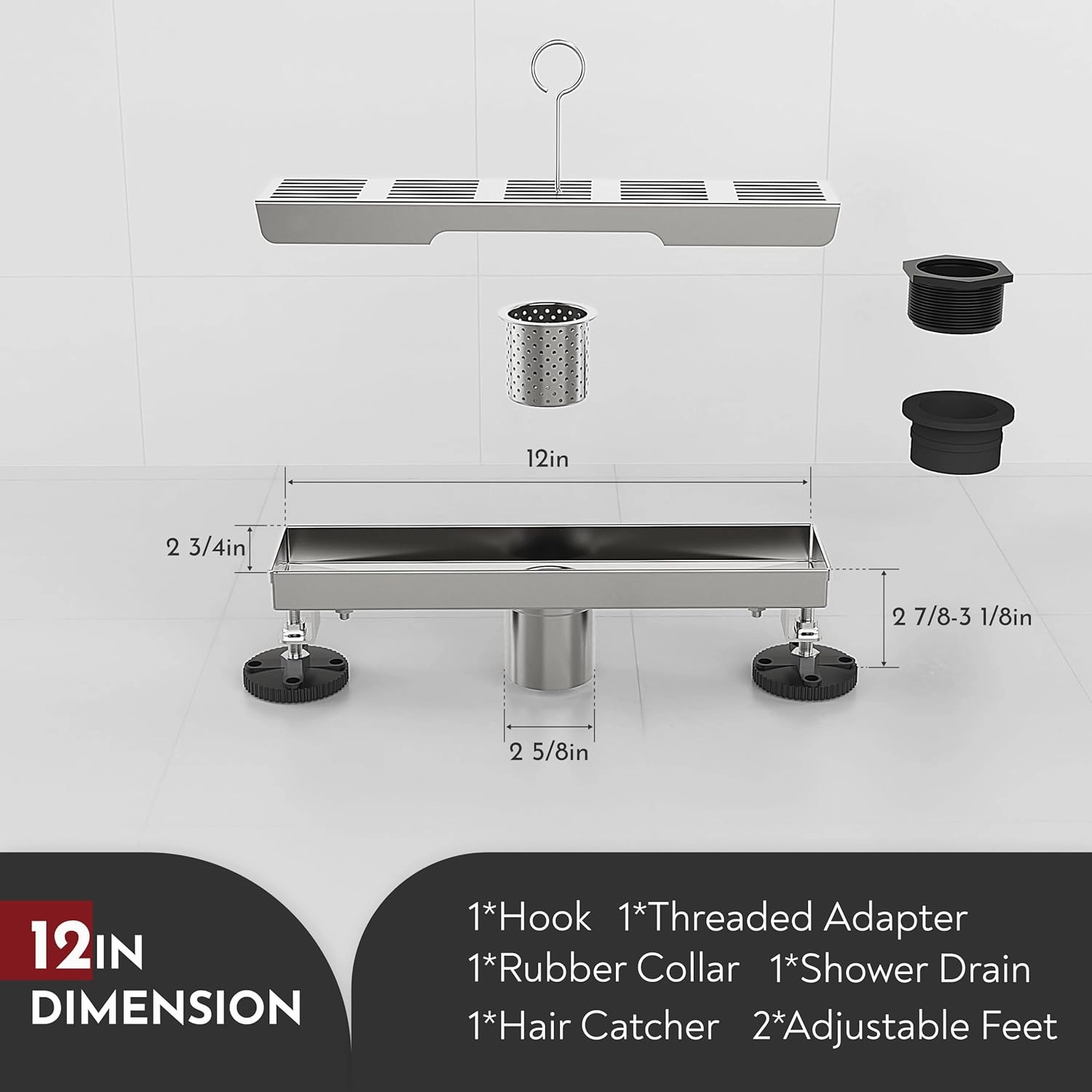 12 Inch Linear Shower Drain Rectangular Floor Drain with Accessories Fence Pattern Cover Grate Removable SUS304 Stainless Steel Watermark&CUPC Certified Brushed
