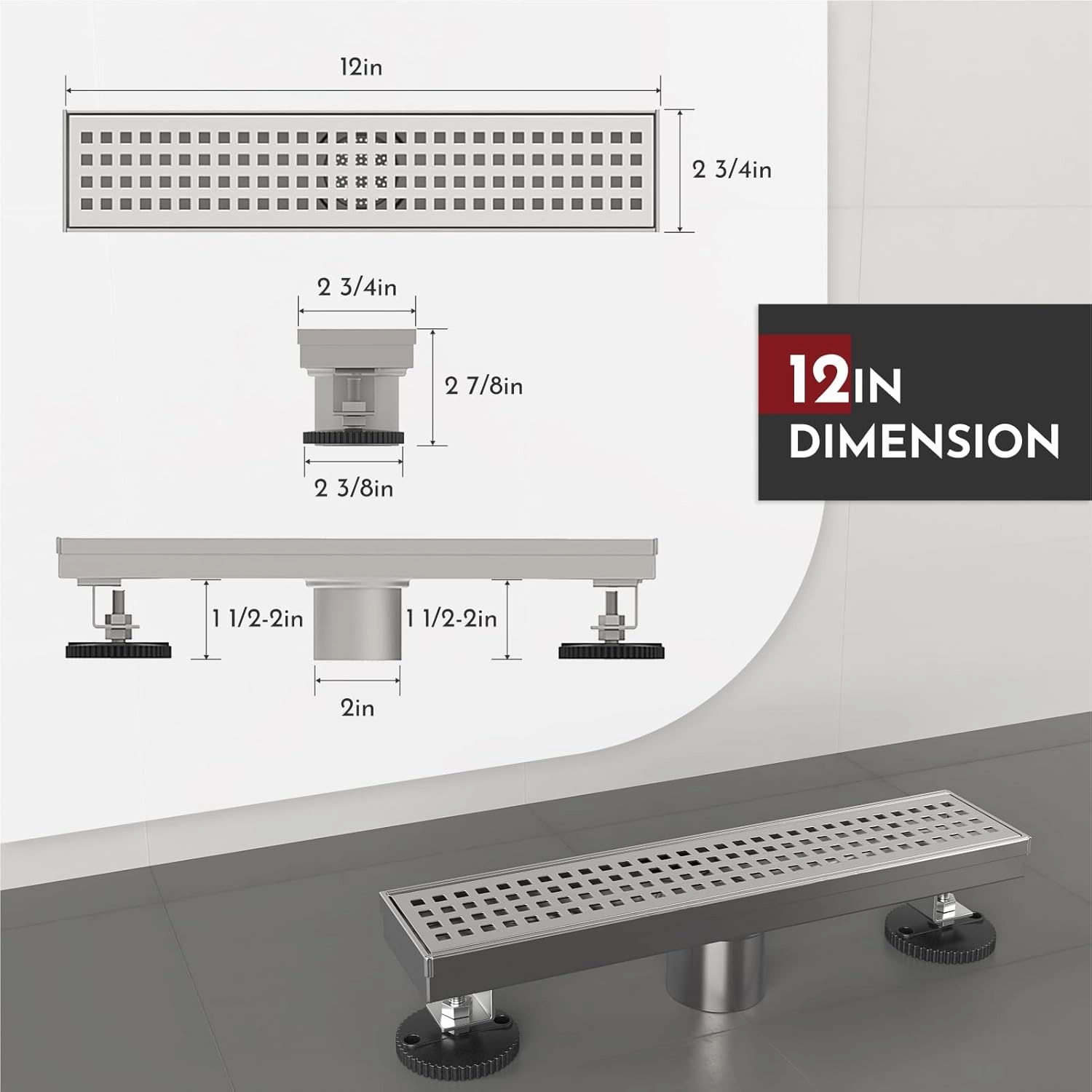 12 Inch Linear Shower Drain Rectangular Floor Drain with Accessories Square Hole Pattern Cover Grate Removable SUS304 Stainless Steel CUPC Certified Brushed