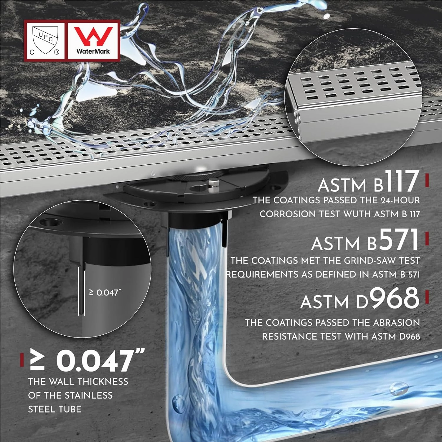 12 Inch Linear Shower Drain Rectangular Floor Drain with Accessories Square Hole Pattern Cover Grate Removable SUS304 Stainless Steel CUPC Certified Brushed