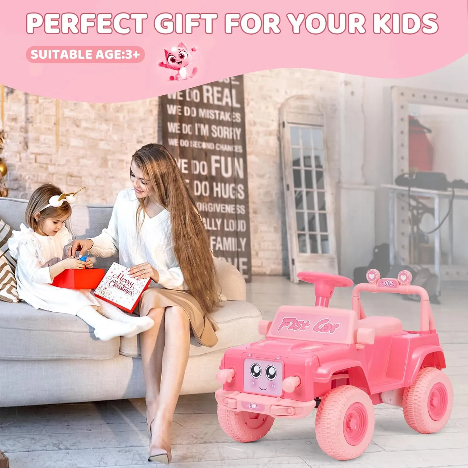 12V Electric Kids Ride On Car for Toddlers,Fist Interactive Powerful & Safe Ride-On Rechargeable Battery,Toy with Music, Mood Card, Foot Pedals for Boys & Girls Ages 3
