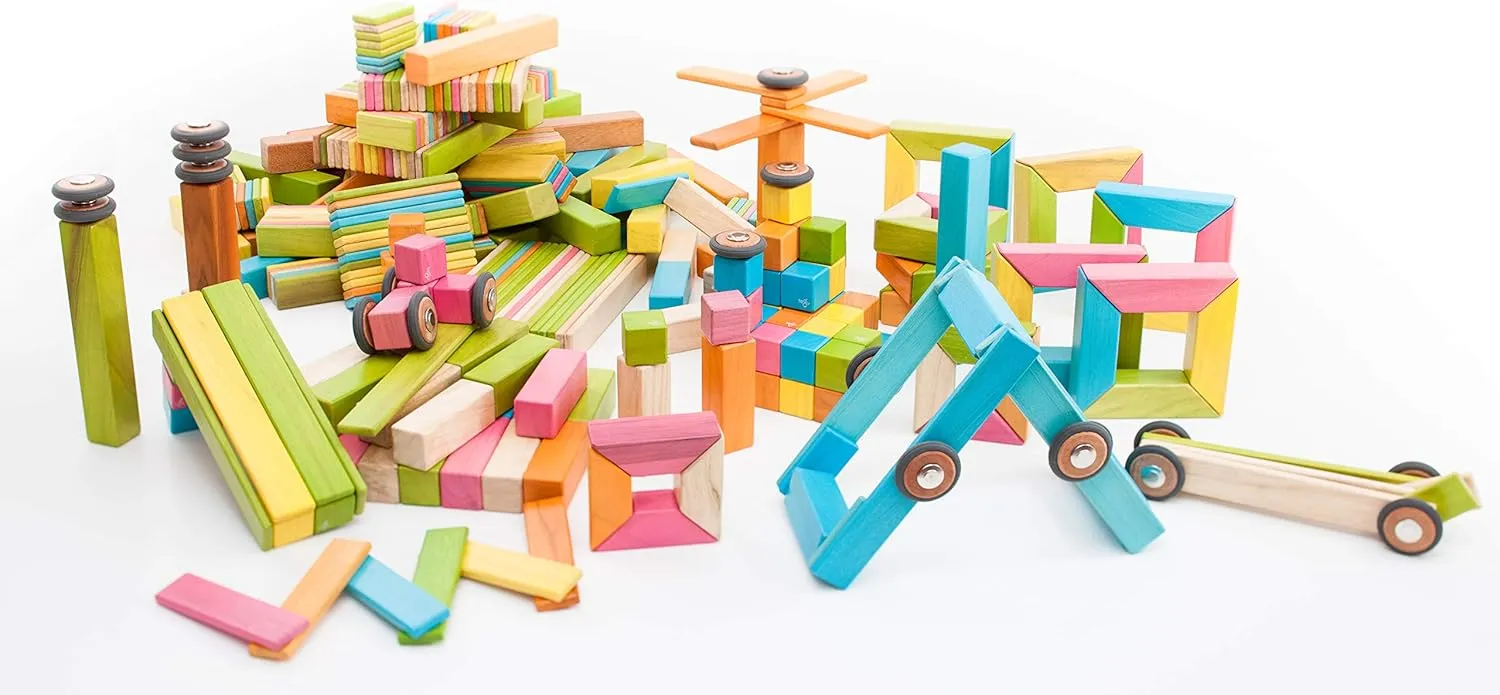 130 Piece Tegu Classroom Magnetic Wooden Block Set, Tints, 1-99 years old