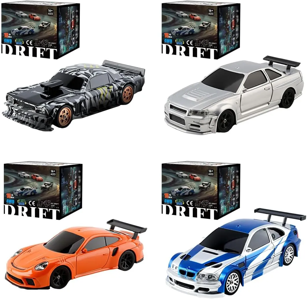 1/43 Scale Mini RC Drift Car Model 4 Set - 2.4G Full Proportional RC Electric Mini Racing Drift Car, 15 KM/H High Speed Simulate LED Lights (RTR Version)