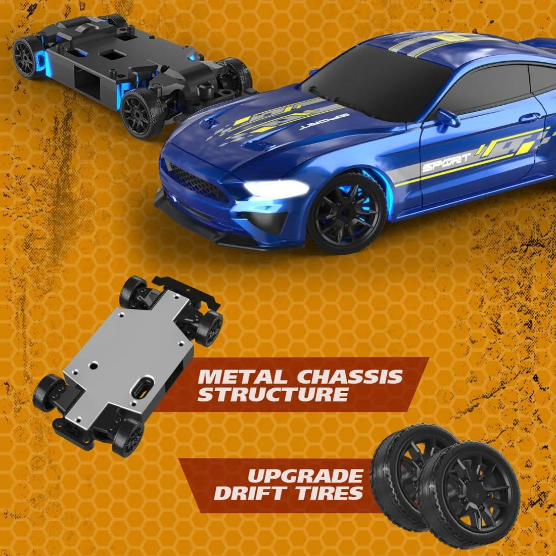 1/43 Scale RC Drift Car, 2.4G 4WD Full Proportional RC Sport Car with LED Lights, RC Racing Toy for Hobbyist