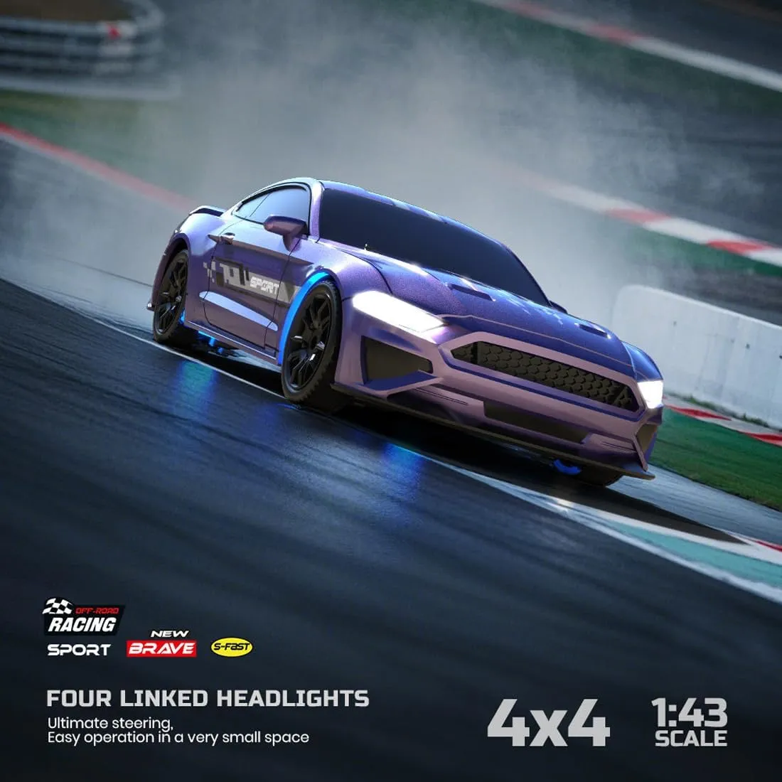 1/43 Scale RC Drift Car, 2.4G 4WD Full Proportional RC Sport Car with LED Lights, RC Racing Toy for Hobbyist