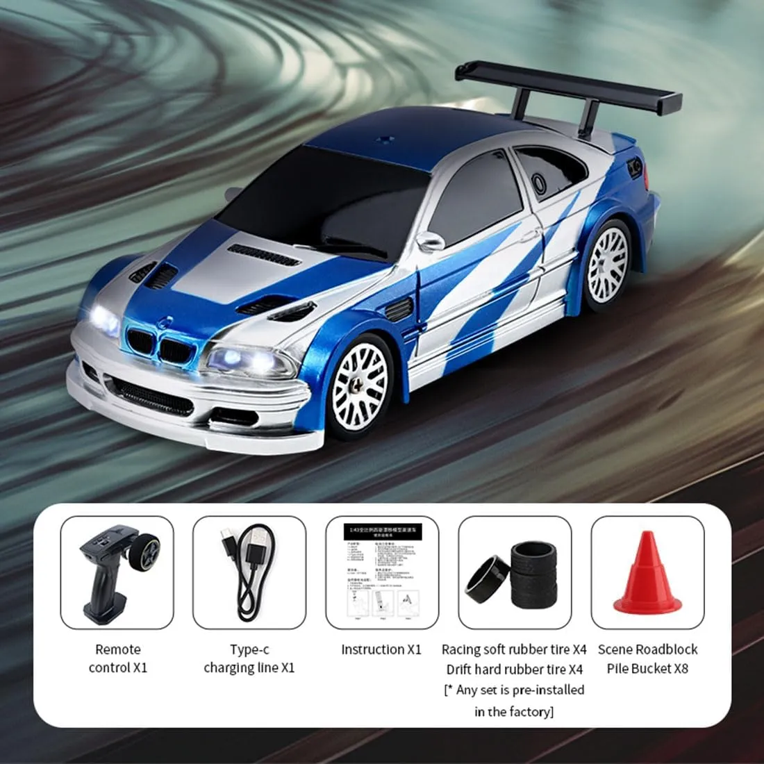 1/43 Scale RC Mini Drift Car with Lights Kit, 2.4G Electric 4WD RC Racing Vehicle Remote Control High-Speed Car for Boys Adults - RTR Version