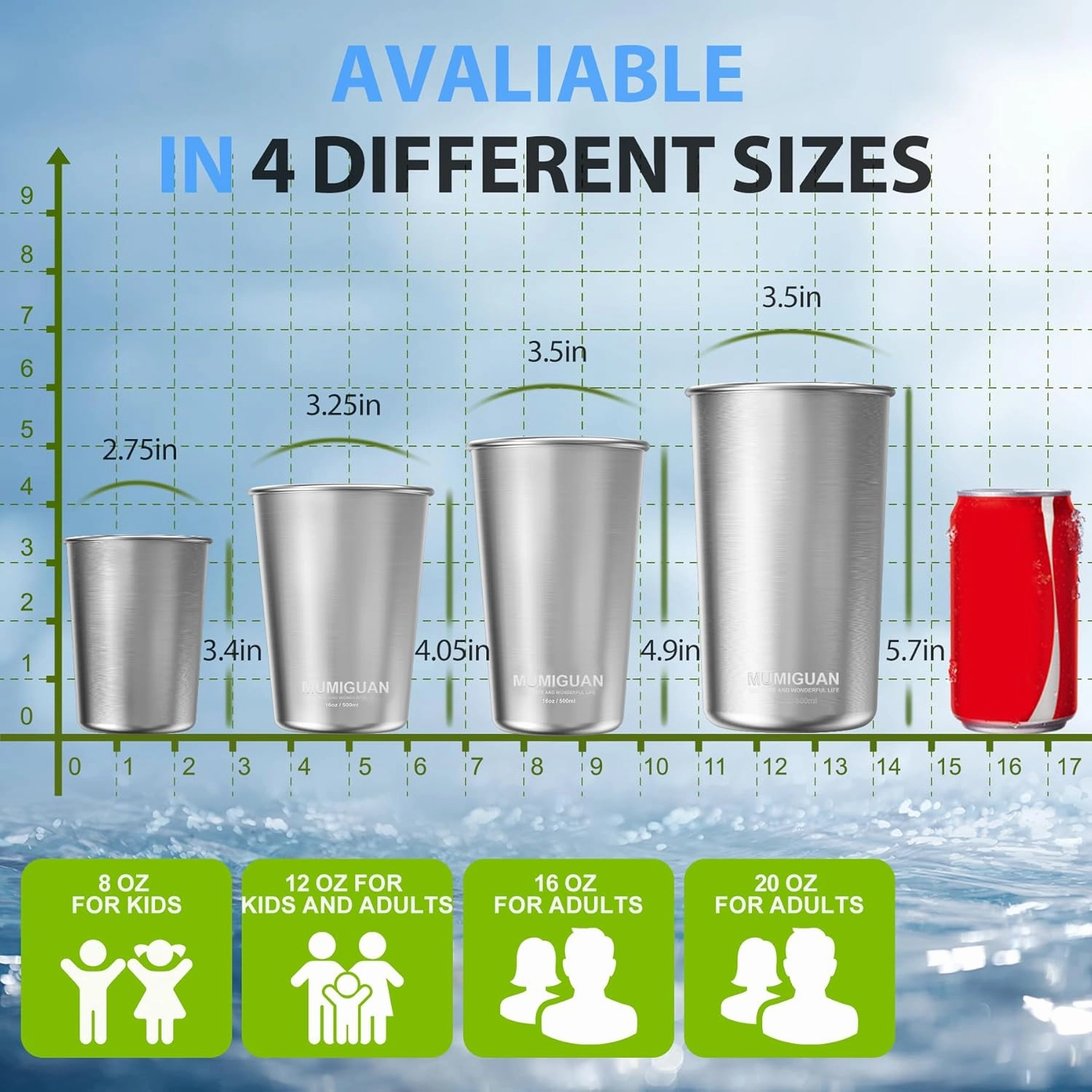 16 oz Stainless Steel Pint Cups 16oz/500ml (4 Pack), Stainless Steel Water Tumbler, Camping Stainless Steel Pint Cups, Stackable Metal Drinking Glasses, BPA Free, Stackable, Durable.