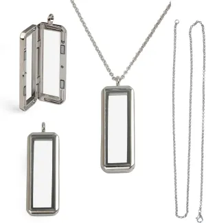 18 Inch Rectangle Glass Floating Living Memory Charms Locket, Single Ring Alloy Pendant Necklace Link Chain Jewelry for Women(Silver)