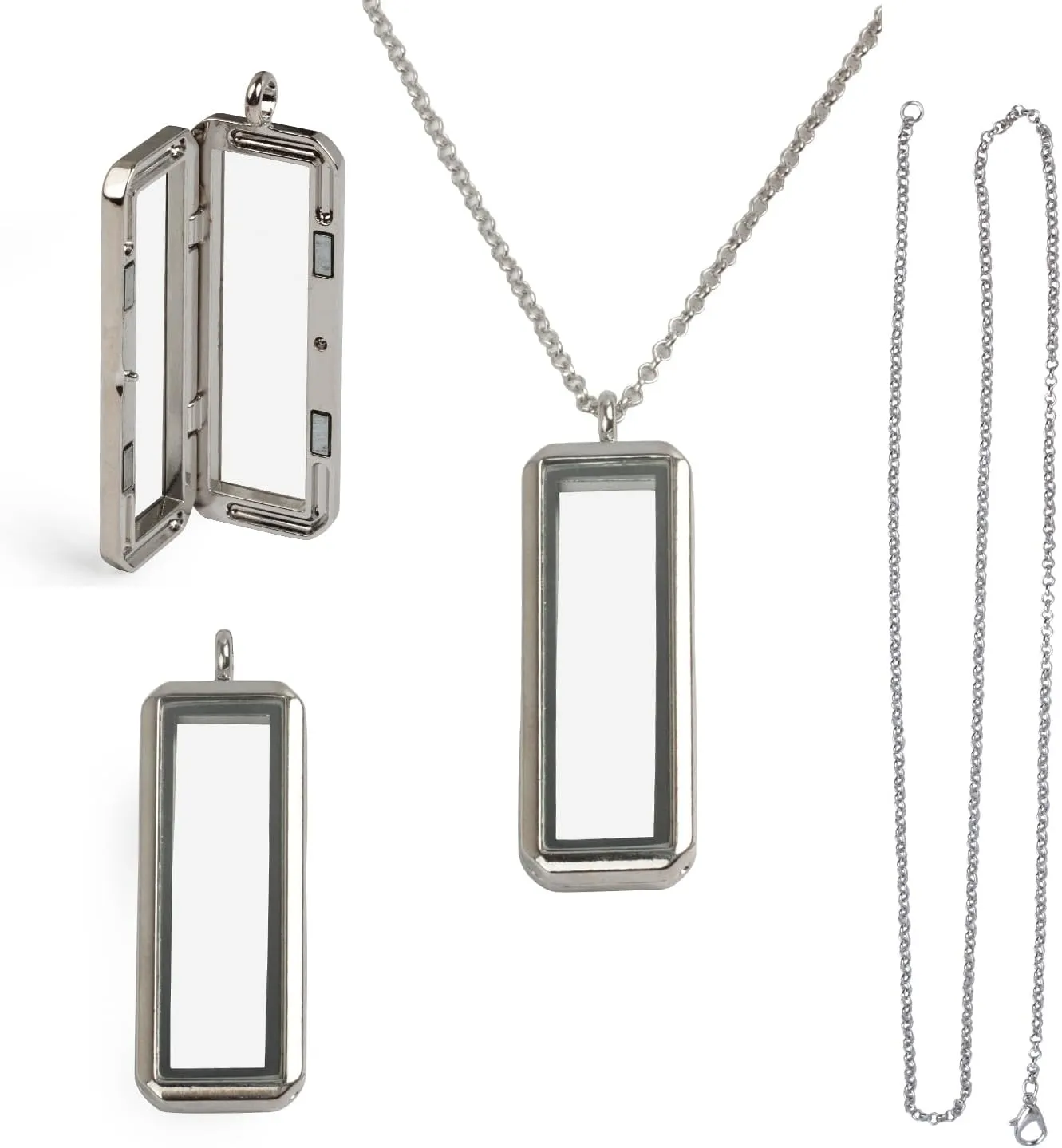 18 Inch Rectangle Glass Floating Living Memory Charms Locket, Single Ring Alloy Pendant Necklace Link Chain Jewelry for Women(Silver)