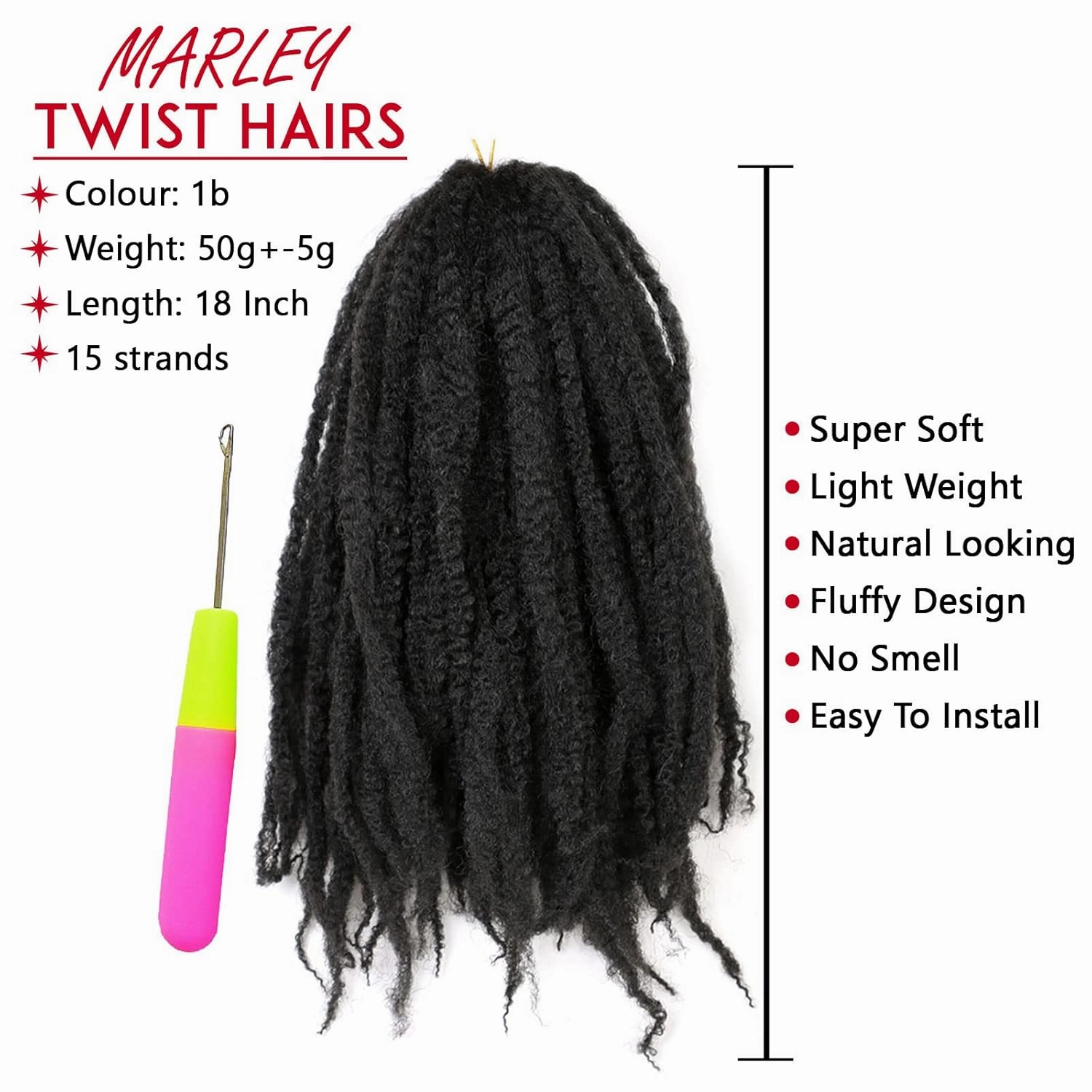 18 Inches Pack of 6 Marley Hair For Faux Locs Soft & Bouncy Cuban Twist Hair Synthetic Kanekalon Kinky Twist Hair For Braiding Crochet Marley Twist Braiding Hair For Black Woman 1B / Natural Black