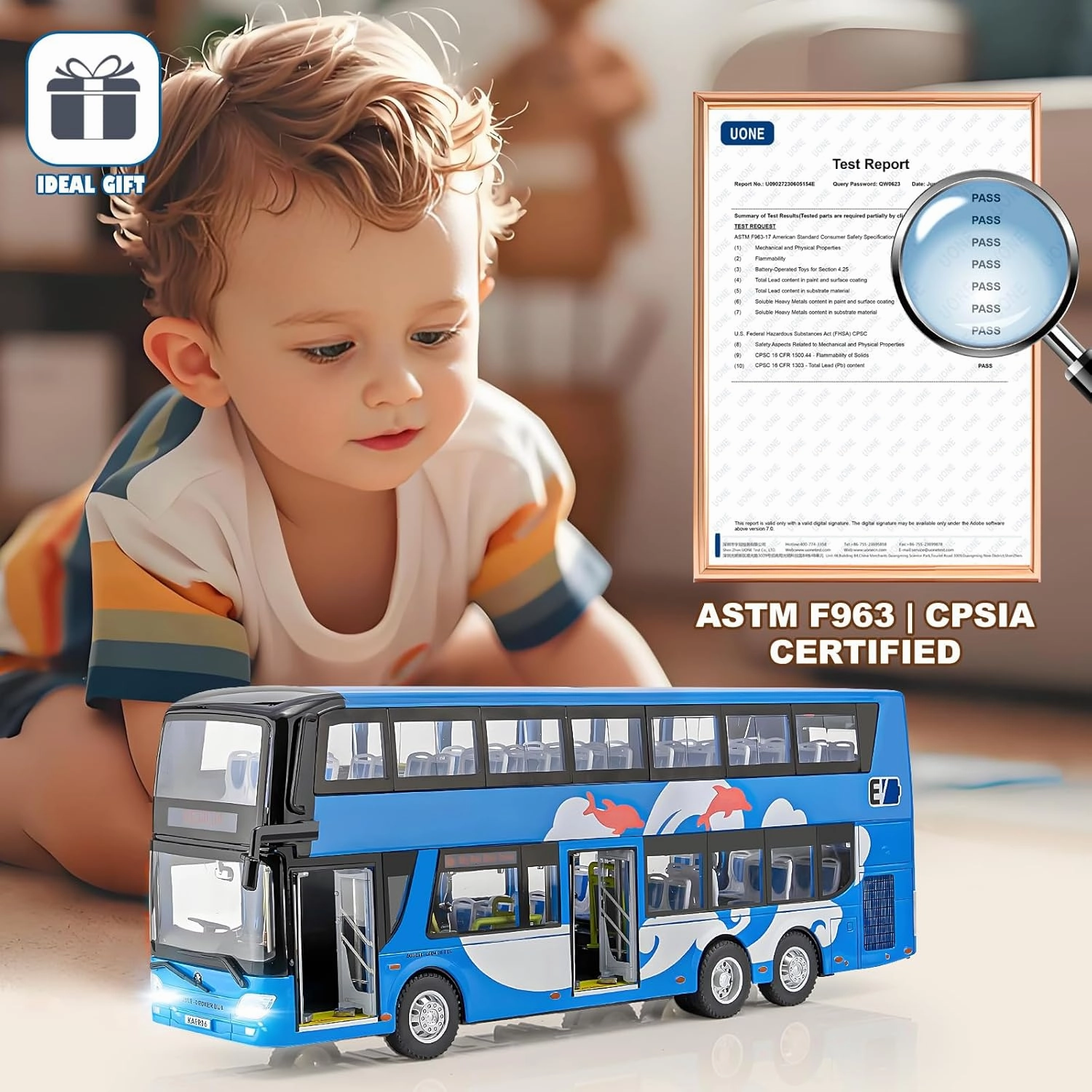1/42 Diecast Bus Toys Cars, Metal Double Decker City Bus Vehicles with Light Up and Open-able Doors, Realistic Alloy Car Model for Kids Boys Girls, 11.5" (Blue)