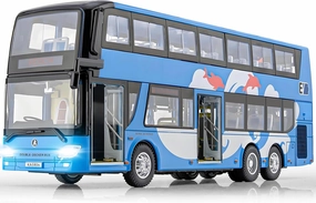 1/42 Diecast Bus Toys Cars, Metal Double Decker City Bus Vehicles with Light Up and Open-able Doors, Realistic Alloy Car Model for Kids Boys Girls, 11.5" (Blue)