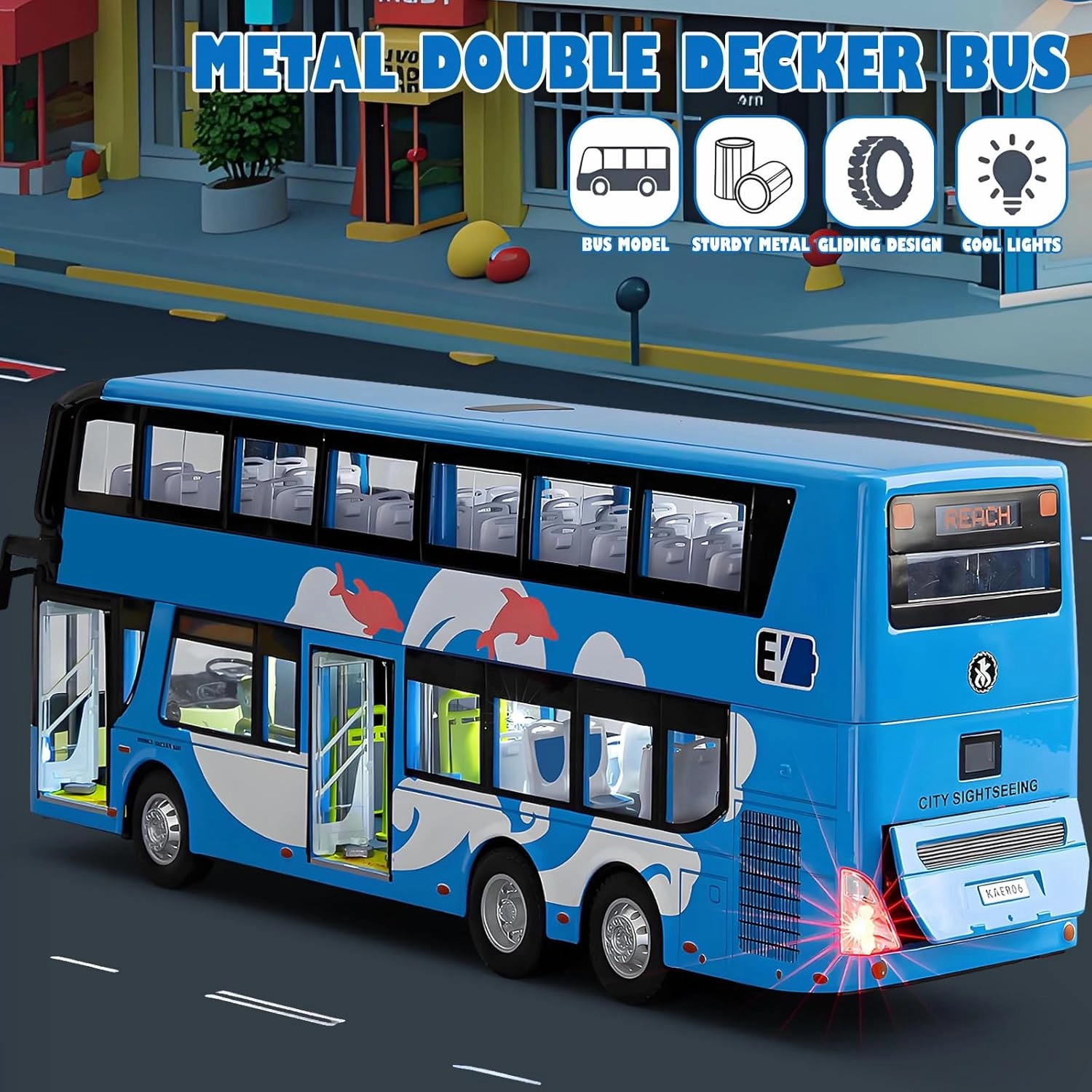 1/42 Diecast Bus Toys Cars, Metal Double Decker City Bus Vehicles with Light Up and Open-able Doors, Realistic Alloy Car Model for Kids Boys Girls, 11.5" (Blue)
