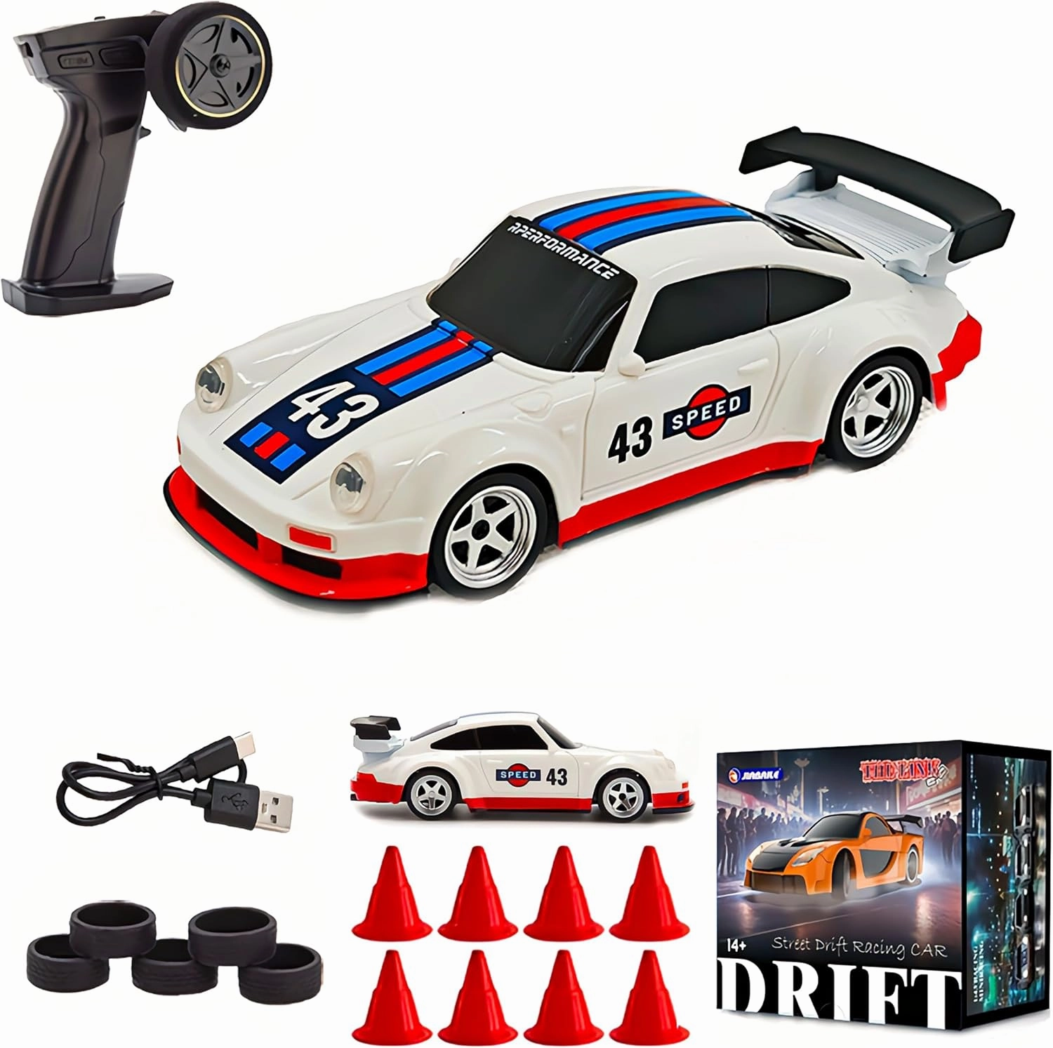 1/43 4WD Mini RC Drift Car with Gyro, 15 KM/H High Speed Sports Vehicle, 2.4G Full-Proportional Mini Electric RC Racing Car Model with LED Lights