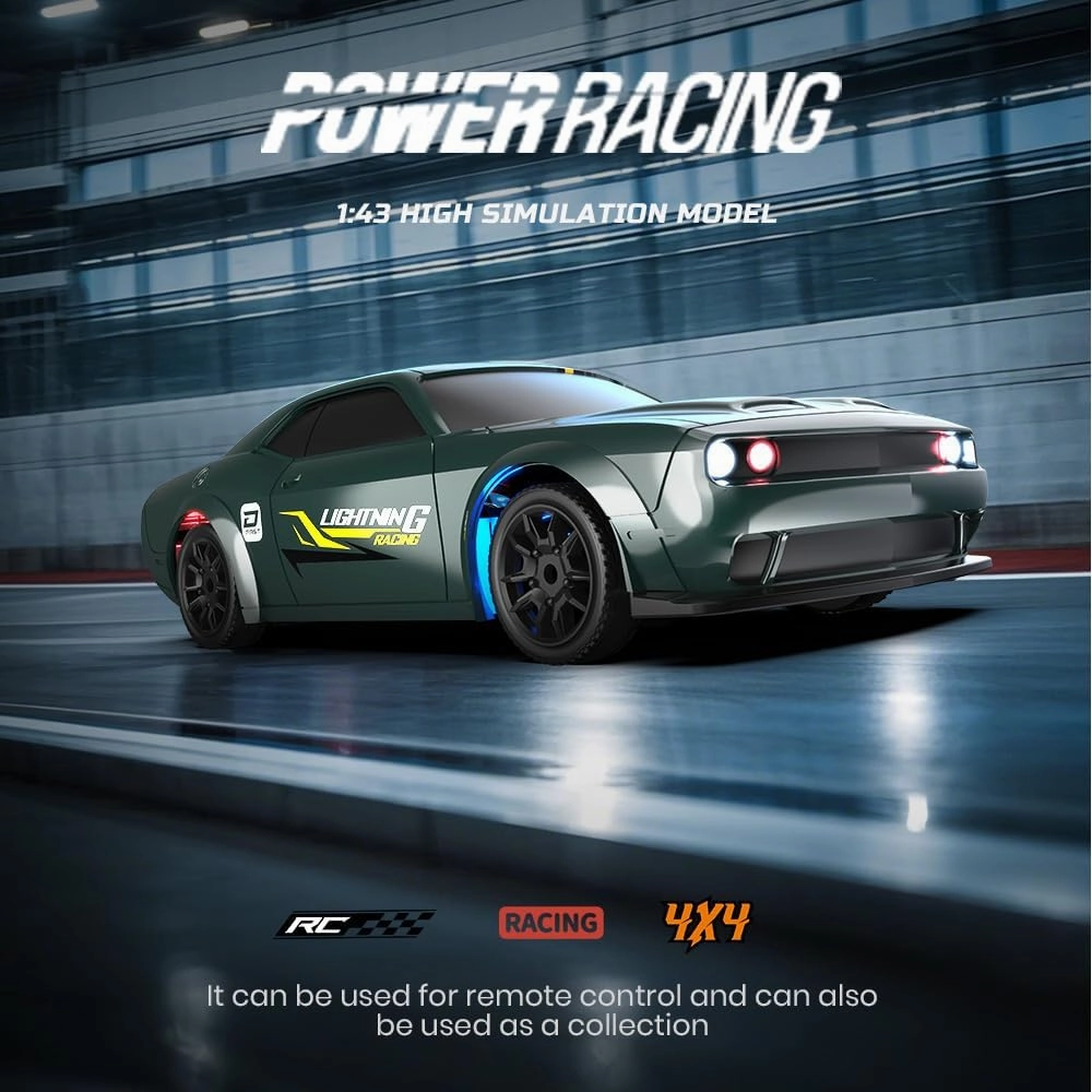 1/43 Mini RC Drift Car 2.4G Full-Proportional 4WD MetalChassis 15KM/H High Speed RC Racing Car Model with LED Lights and Barricade Barrels RTR (Green)