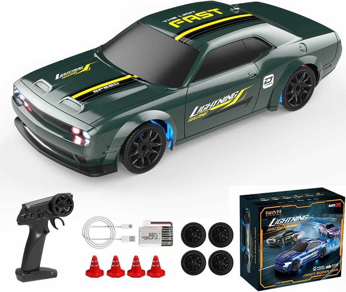 1/43 Mini RC Drift Car 2.4G Full-Proportional 4WD MetalChassis 15KM/H High Speed RC Racing Car Model with LED Lights and Barricade Barrels RTR (Green)