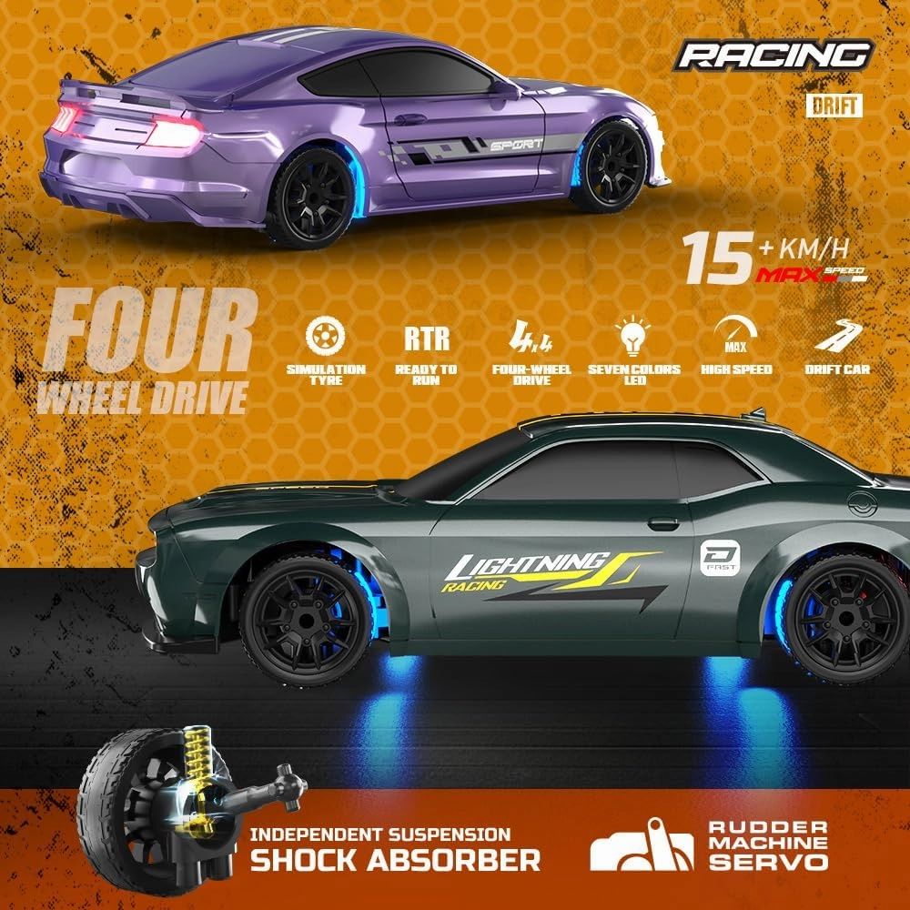 1/43 Mini RC Drift Car 2.4G Full-Proportional 4WD MetalChassis 15KM/H High Speed RC Racing Car Model with LED Lights and Barricade Barrels RTR (Green)