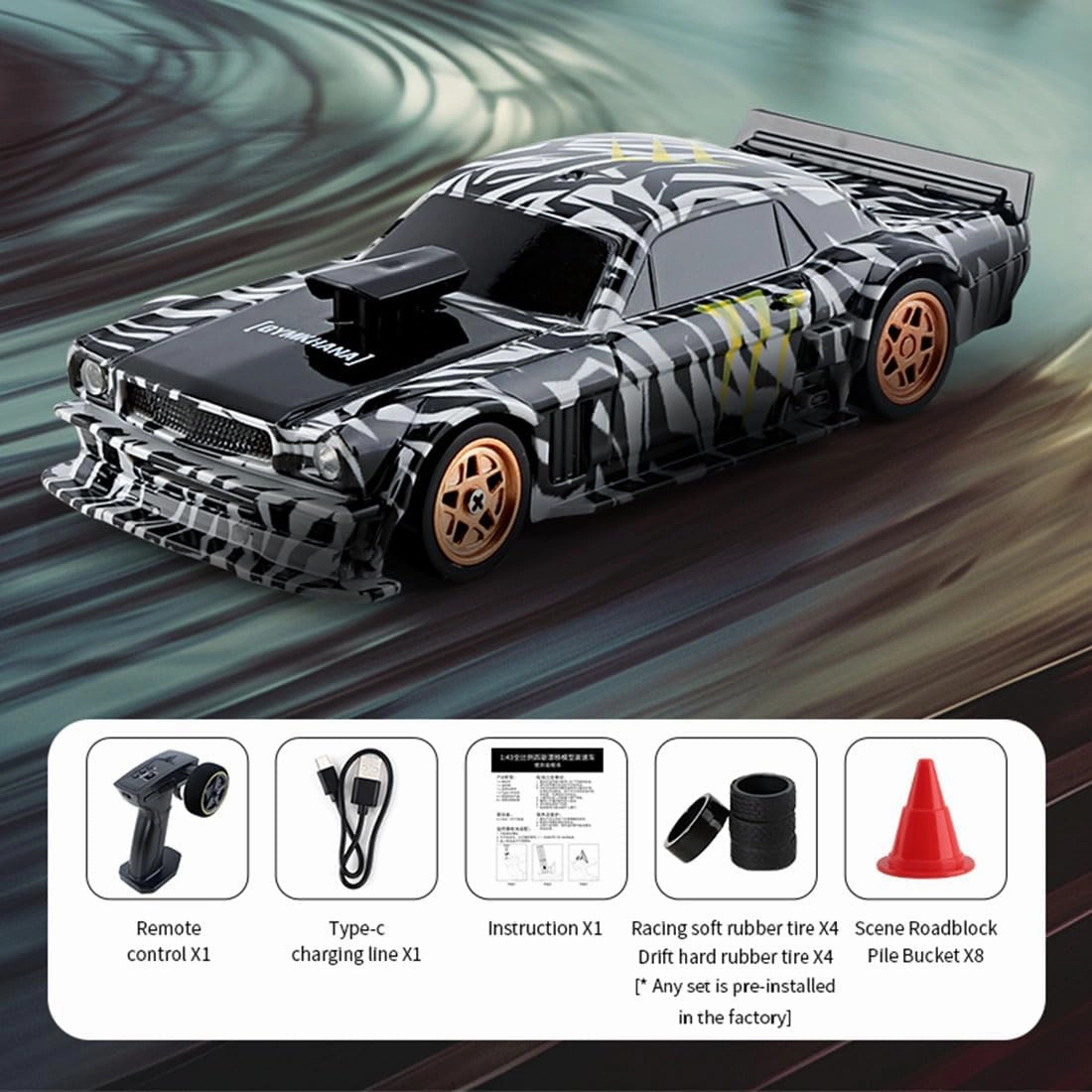 1/43 Scale Mini Racing Drift RC Car with Lights, 2.4G Electric 4WD High-Speed Remote Control Sports Car, Full Proportional Vehicle for Boys Adults Teen - RTR Version/Black White