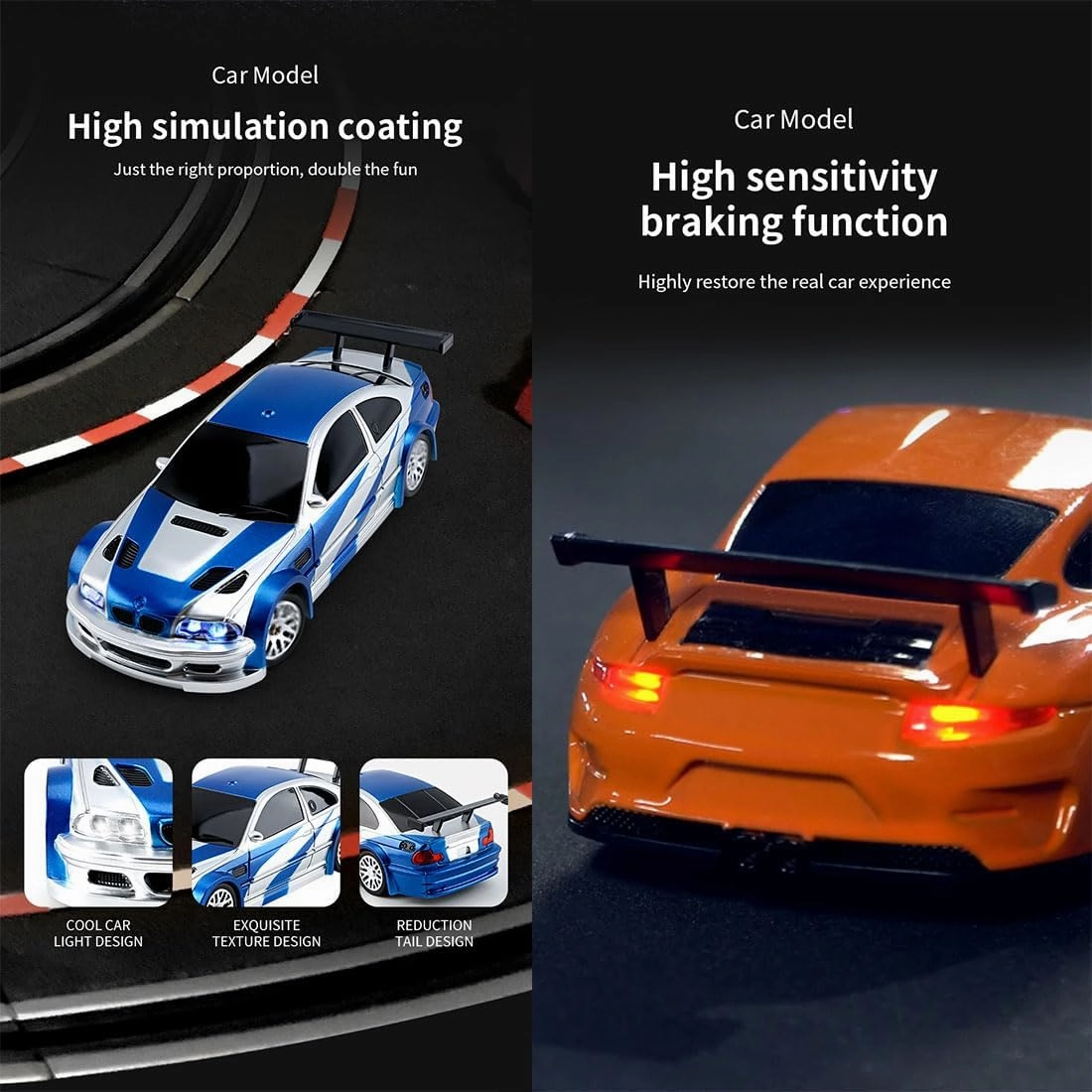 1/43 Scale Mini Racing Drift RC Car with Lights, 2.4G Electric 4WD High-Speed Remote Control Sports Car, Full Proportional Vehicle for Boys Adults Teen - RTR Version/Black White