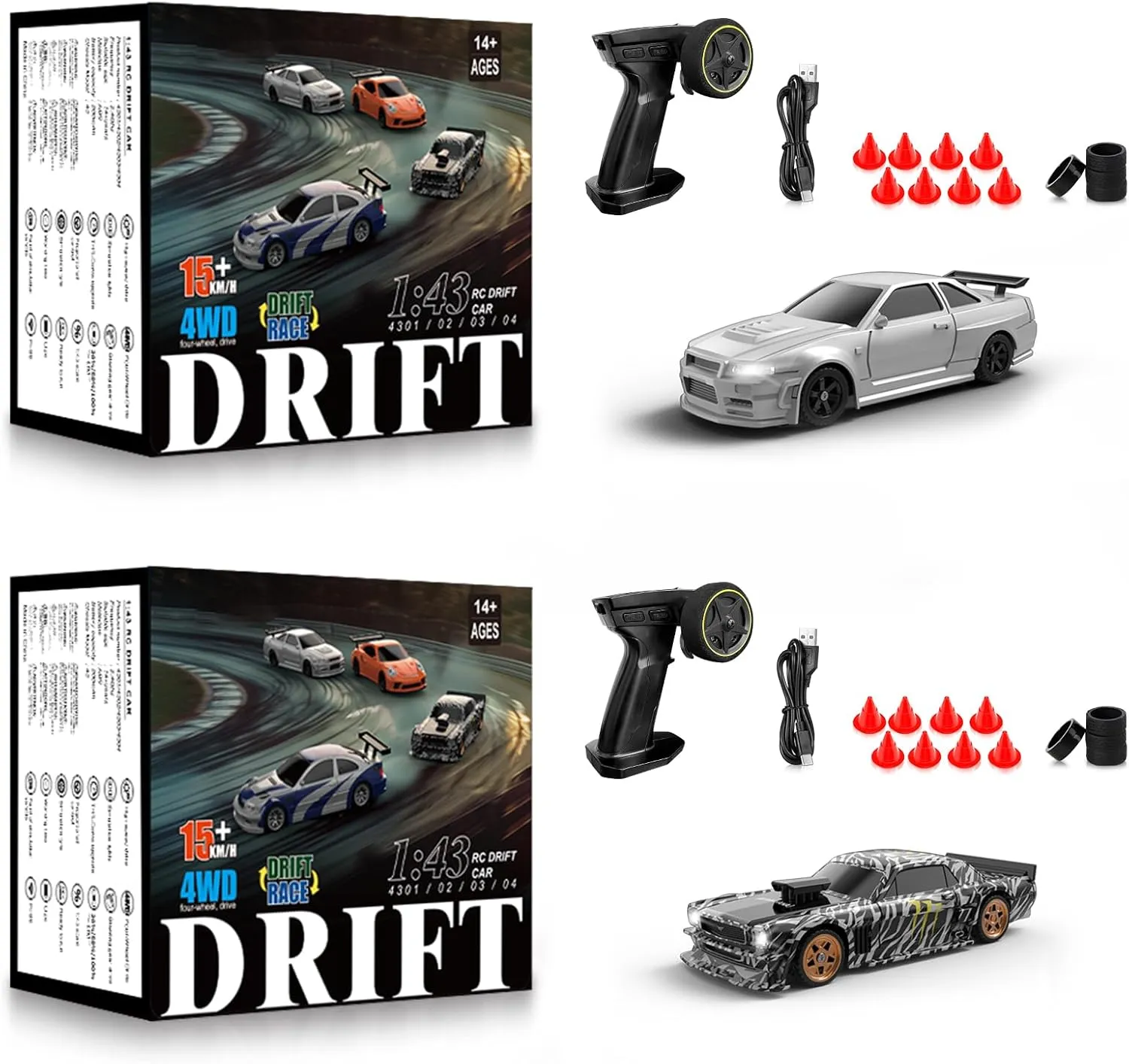 2 Pcs RC Drift Car, 1/43 Scale 2.4GHz Full Proportional Mini RC Remote Control Sports Car, 4WD High Speed Race Car with Lights, Racing Tires, RC Model Cars Toy Gift for Adults, Kids, Boys, Girls