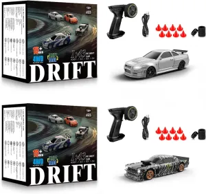 2 Pcs RC Drift Car, 1/43 Scale 2.4GHz Full Proportional Mini RC Remote Control Sports Car, 4WD High Speed Race Car with Lights, Racing Tires, RC Model Cars Toy Gift for Adults, Kids, Boys, Girls