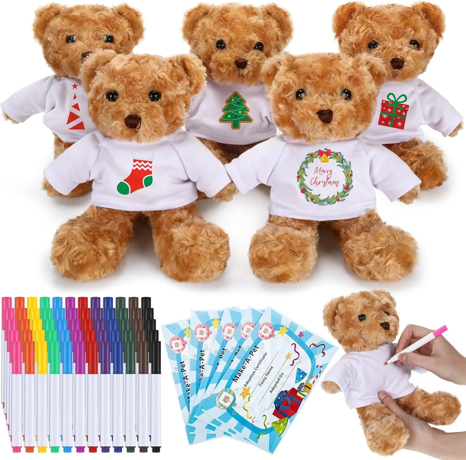 20 Pcs Make Your Own Stuffed Bear Gift Kit 5 Pcs 9.84 Inches Rose Velvet Bear 5 White T Shirt 5 Set 12 Color Watercolor Pen 5 Paper Card DIY