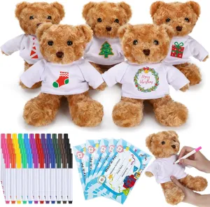 20 Pcs Make Your Own Stuffed Bear Gift Kit 5 Pcs 9.84 Inches Rose Velvet Bear 5 White T Shirt 5 Set 12 Color Watercolor Pen 5 Paper Card DIY